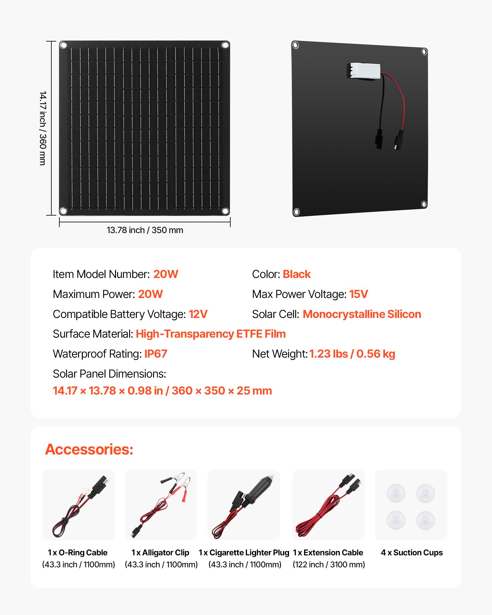 VEVOR Cargador de Batería Solar 20 W, con Células Monocristalinas, Controlador Inteligente Integrado y Cables de Conexión, Resistente al Agua IP67, para Coches, Barcos y Autocaravanas, Negro