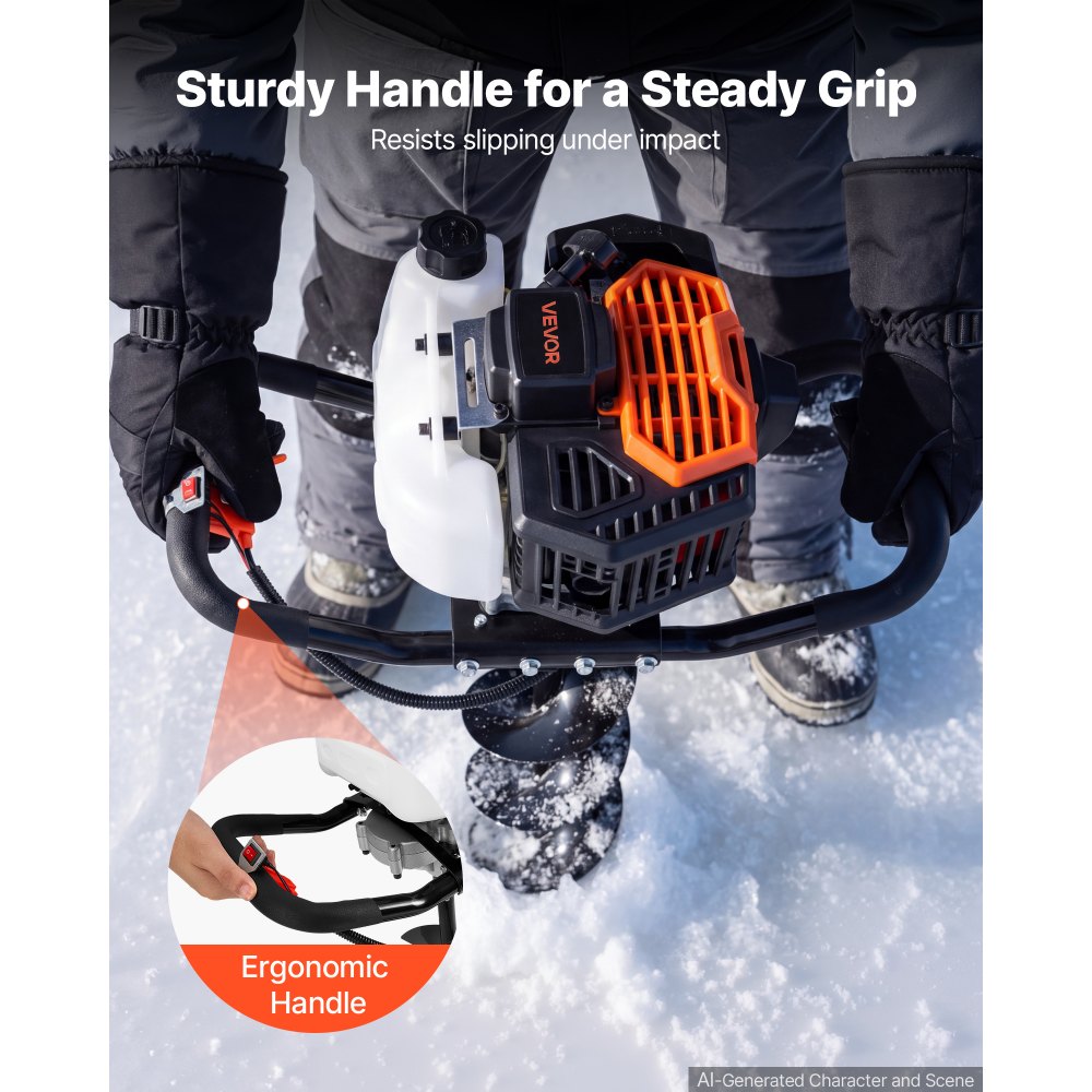 VEVOR Taladro de Hielo a Gasolina 43 CC Barrena para Tierra Inalámbrica, para Pesca en Hielo y Jardinería, con 2 Brocas y Protector de Cuchilla, Motor de 2 Tiempos, Diámetro de Perforación 203 mm