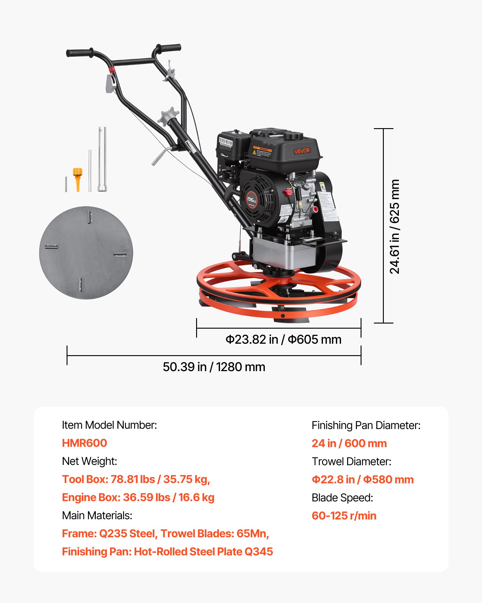 VEVOR Alisadora de Hormigón a Gasolina con Llana de 610 mm de Diámetro, Fratasadora de Hormigón, con Motor de 5,5 HP, 4,1 kW, 3600 RPM, 4 Cuchillas, Bandeja de Acabado Flotante para Suelo de Cemento