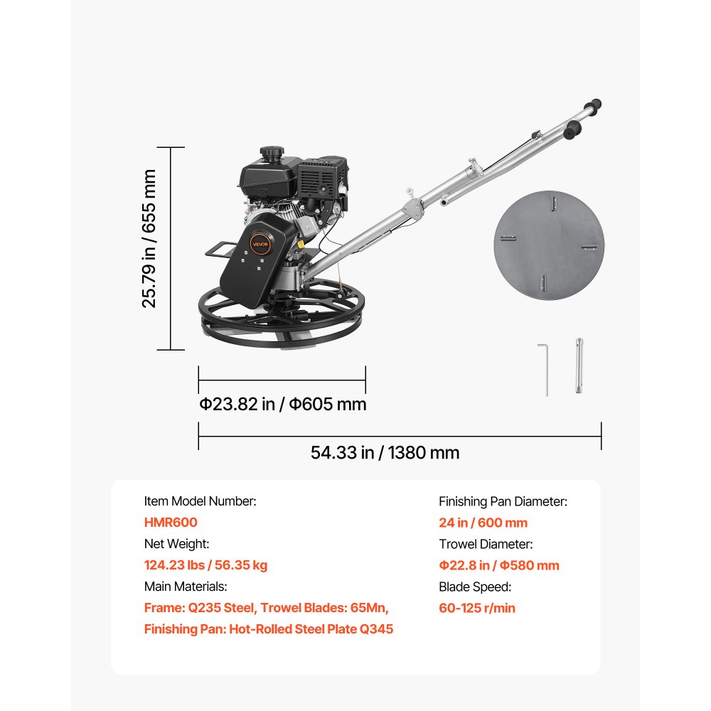 VEVOR Alisadora de Hormigón a Gasolina con Llana 610 mm de Diámetro, Fratasadora de Hormigón con Motor Kohler de 7 HP, 5,2 kW, 3600 RPM, 4 Cuchillas, Bandeja de Acabado Flotante para Suelo de Cemento