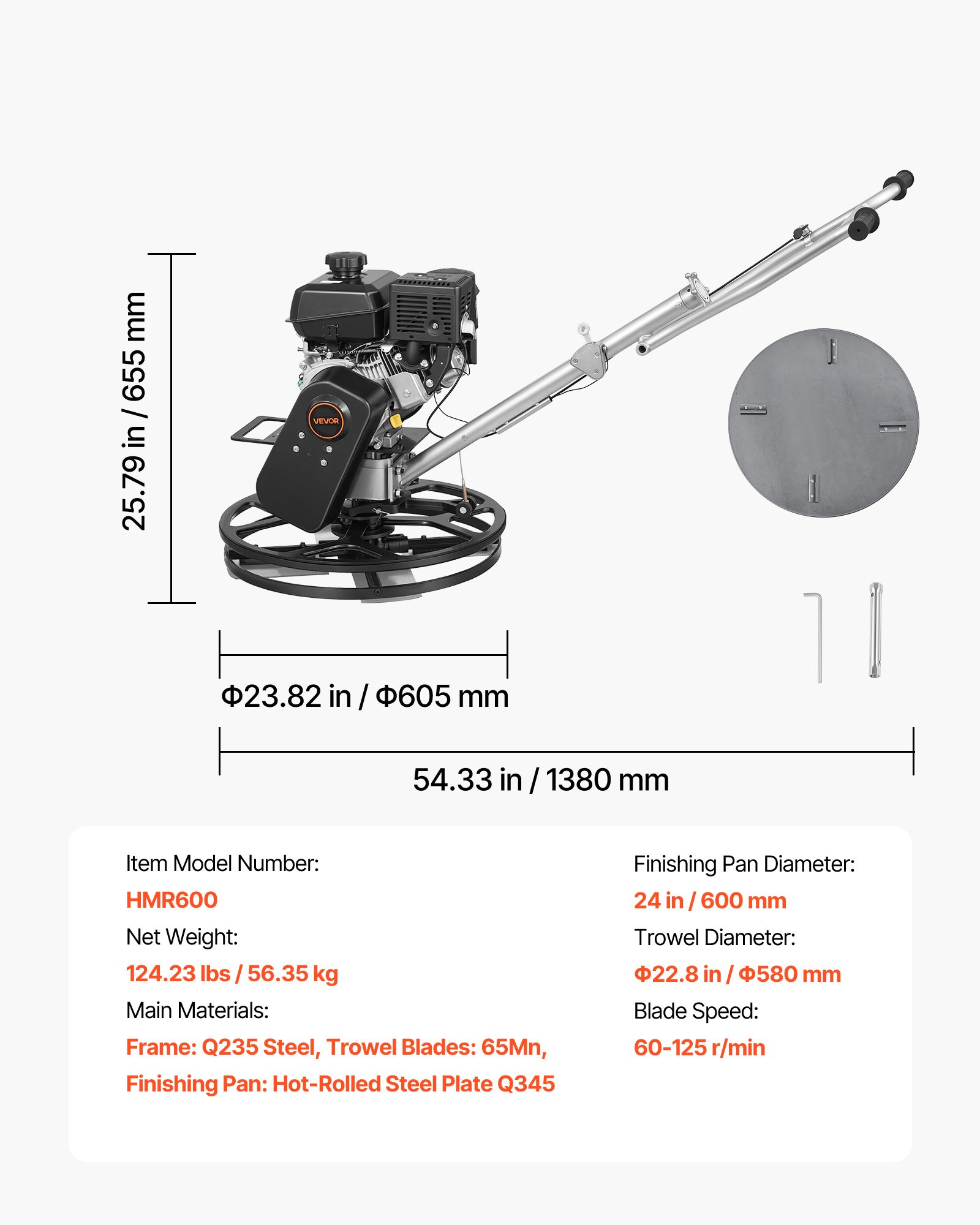 VEVOR Alisadora de Hormigón a Gasolina con Llana 610 mm de Diámetro, Fratasadora de Hormigón con Motor Kohler de 7 HP, 5,2 kW, 3600 RPM, 4 Cuchillas, Bandeja de Acabado Flotante para Suelo de Cemento