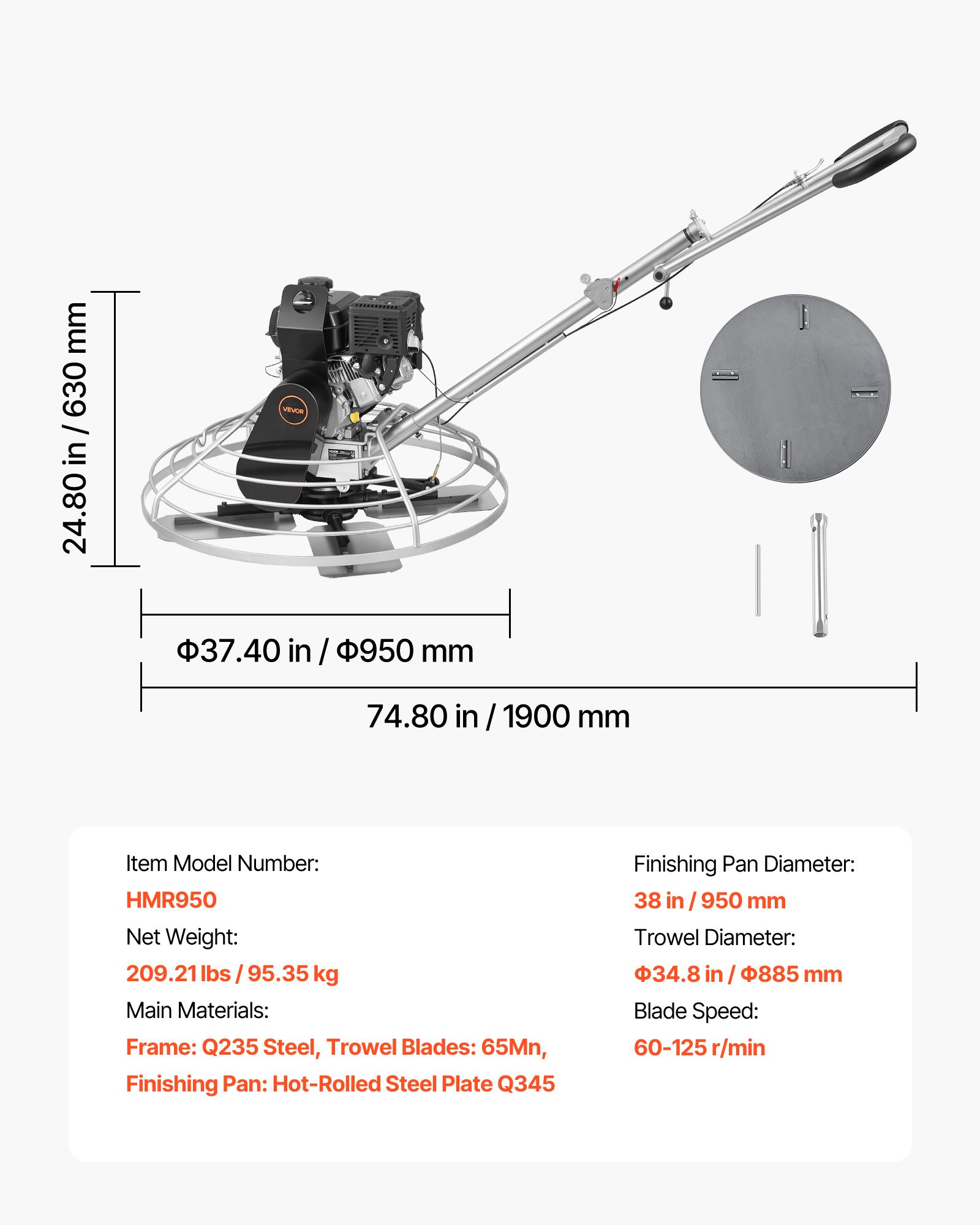 VEVOR Alisadora de Hormigón a Gasolina con Llana 950 mm de Diámetro, Fratasadora de Hormigón con Motor Kohler de 7 HP, 5,2 kW, 3600 RPM, 4 Cuchillas, Bandeja de Acabado Flotante para Suelo de Cemento