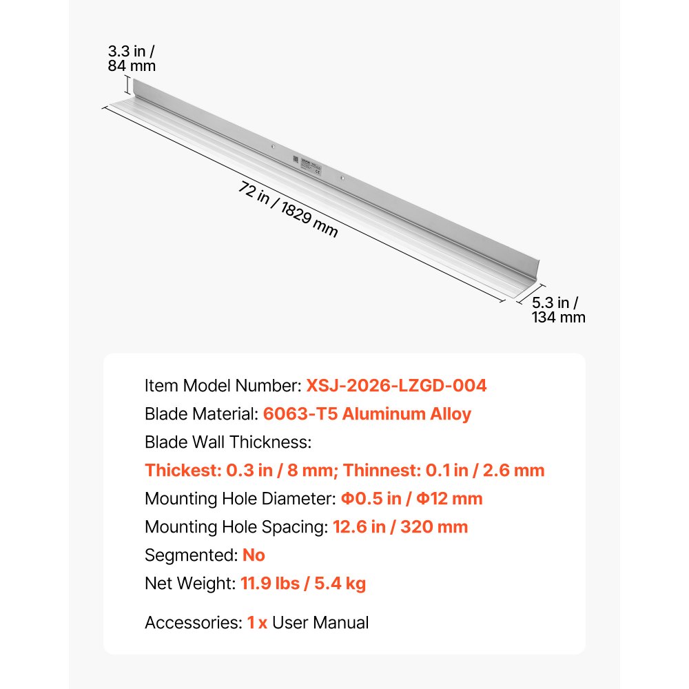 VEVOR Regla Niveladora de Hormigón de 1829 mm de Aleación de Aluminio, Regla Manual para Hormigón, Hoja de 134 mm, Pared de 8 mm, Herramienta para Nivelar Concreto en Pisos, Aceras, Garajes y Patios