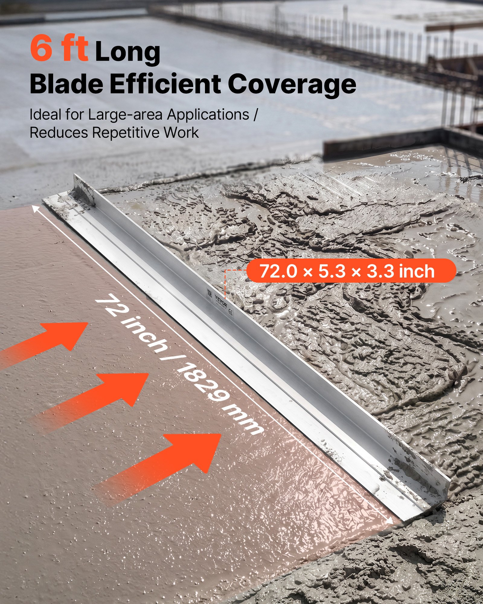 VEVOR Regla Niveladora de Hormigón de 1829 mm de Aleación de Aluminio, Regla Manual para Hormigón, Hoja de 134 mm, Pared de 8 mm, Herramienta para Nivelar Concreto en Pisos, Aceras, Garajes y Patios