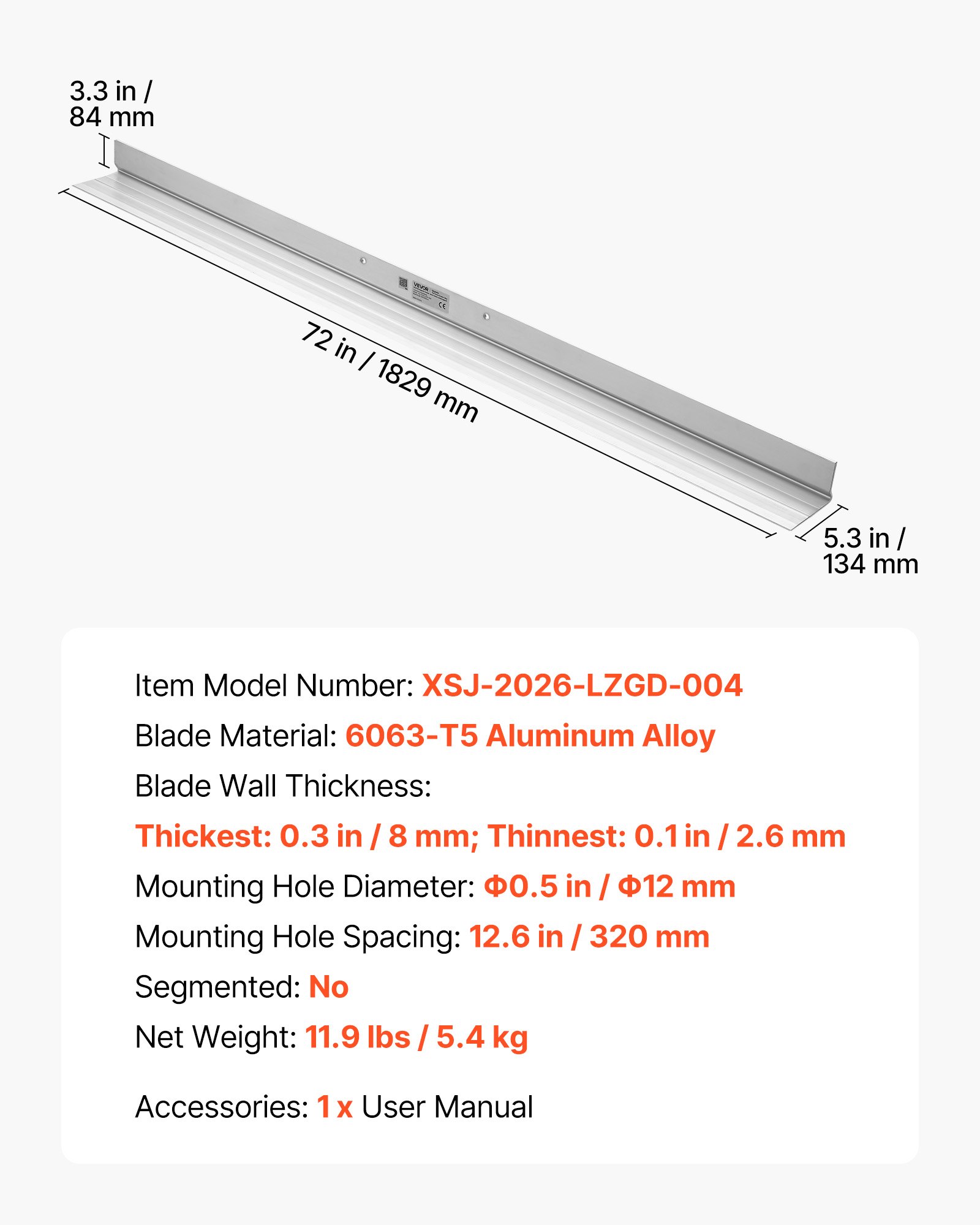 VEVOR Regla Niveladora de Hormigón de 1829 mm de Aleación de Aluminio, Regla Manual para Hormigón, Hoja de 134 mm, Pared de 8 mm, Herramienta para Nivelar Concreto en Pisos, Aceras, Garajes y Patios