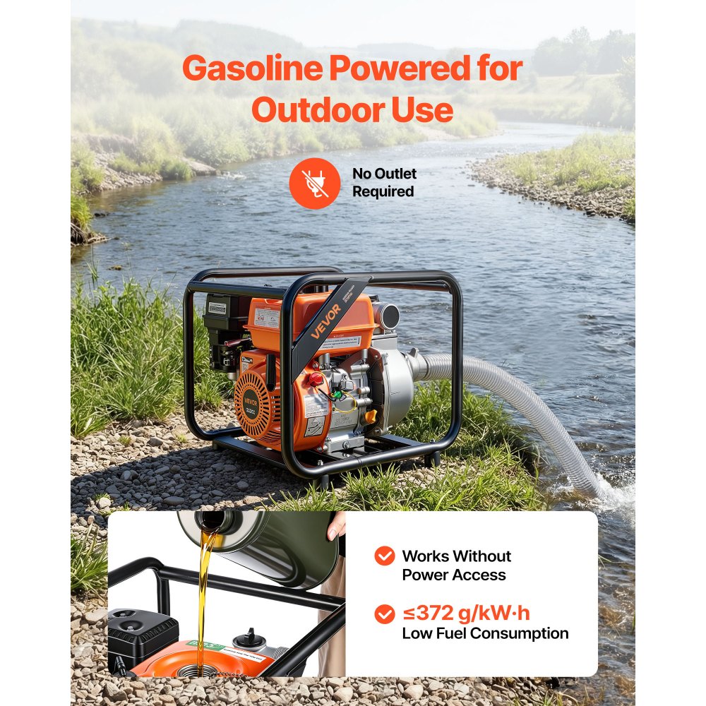 VEVOR Motobomba de Agua a Gasolina 50,8 mm, 142 GPM, 7 HP, Bomba de Agua a Gasolina con Manguera de Descarga, Altura de Succión de 7 m, Elevación Máxima de 29,87 m, para Riego, Estanques, Piscinas