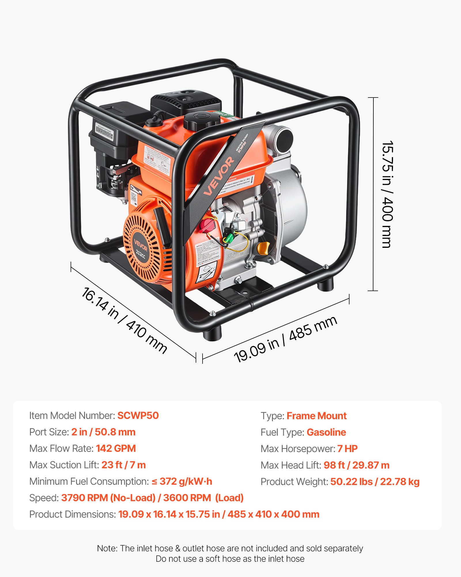 VEVOR Motobomba de Agua a Gasolina 50,8 mm, 142 GPM, 7 HP, Bomba de Agua a Gasolina con Manguera de Descarga, Altura de Succión de 7 m, Elevación Máxima de 29,87 m, para Riego, Estanques, Piscinas