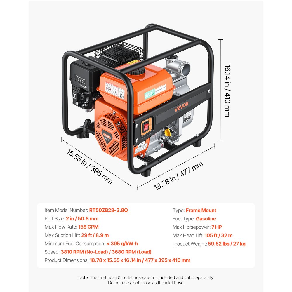 VEVOR Bomba de Agua a Gasolina 50,8 mm, 158 GPM, 7 HP, Motobomba de Agua a Gasolina, Altura de Succión de 8,9 m, Elevación Máxima de 32 m, con Manguera de Descarga, para Riego, Estanques, Piscinas