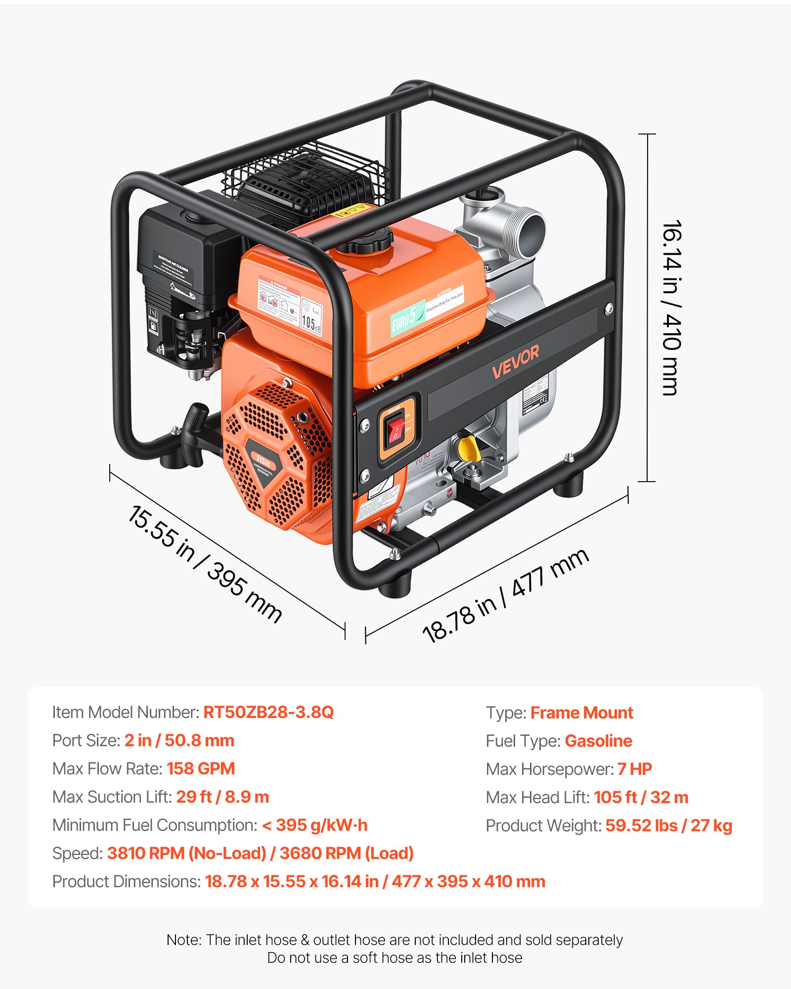 VEVOR Bomba de Agua a Gasolina 50,8 mm, 158 GPM, 7 HP, Motobomba de Agua a Gasolina, Altura de Succión de 8,9 m, Elevación Máxima de 32 m, con Manguera de Descarga, para Riego, Estanques, Piscinas