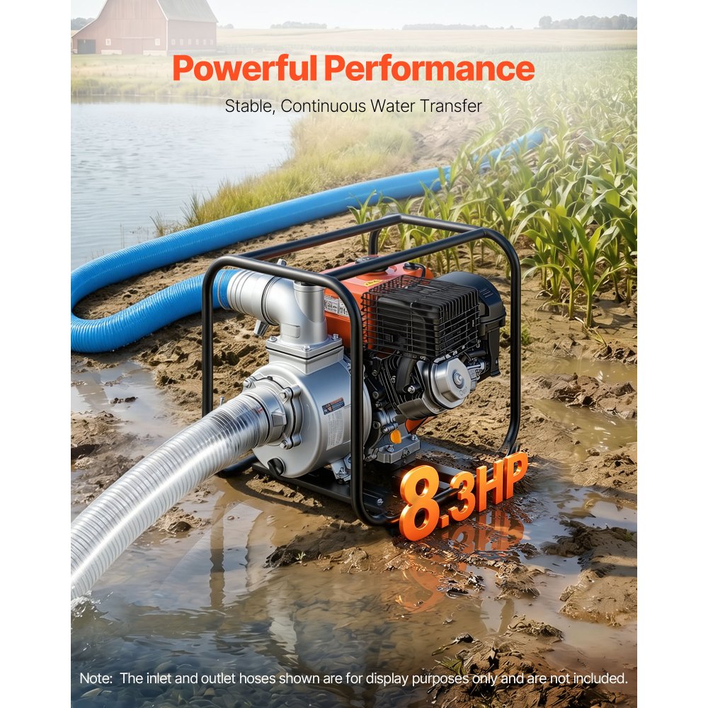 VEVOR Bomba de Agua a Gasolina 101,6 mm, 422 GPM, 8,3 HP, Motobomba de Agua a Gasolina, Altura de Succión de 9,3 m, Elevación Máxima de 33,5 m, con Manguera de Descarga, para Riego, Estanques