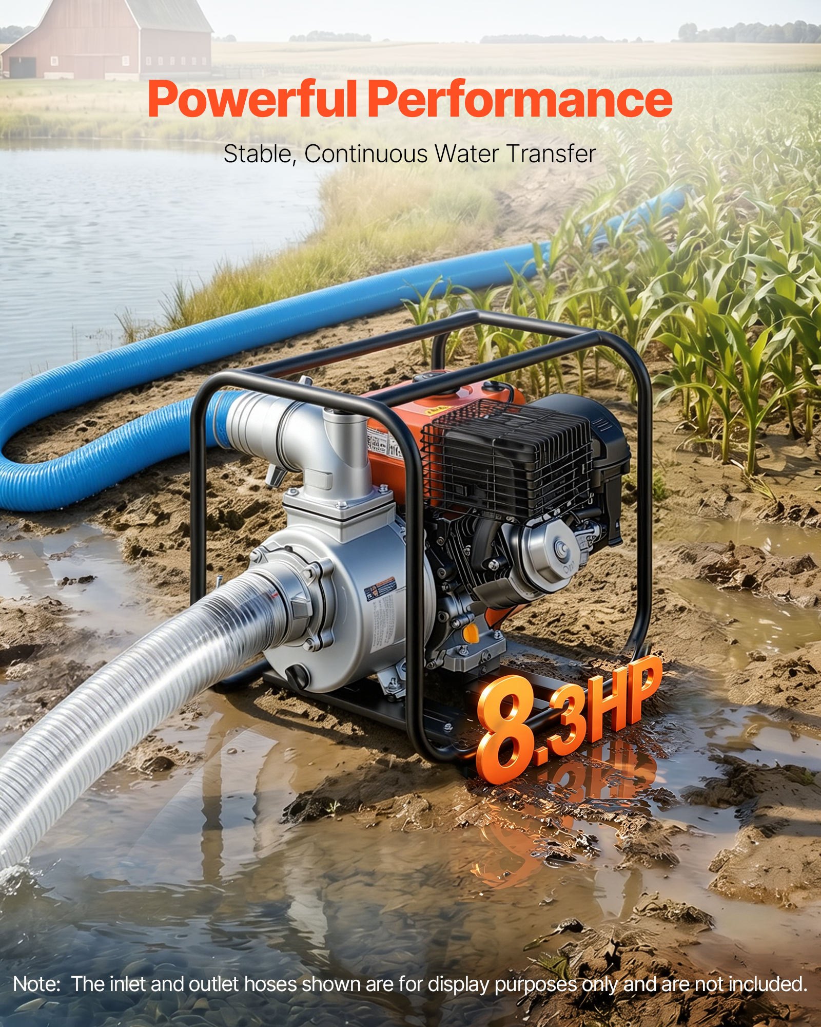 VEVOR Bomba de Agua a Gasolina 101,6 mm, 422 GPM, 8,3 HP, Motobomba de Agua a Gasolina, Altura de Succión de 9,3 m, Elevación Máxima de 33,5 m, con Manguera de Descarga, para Riego, Estanques