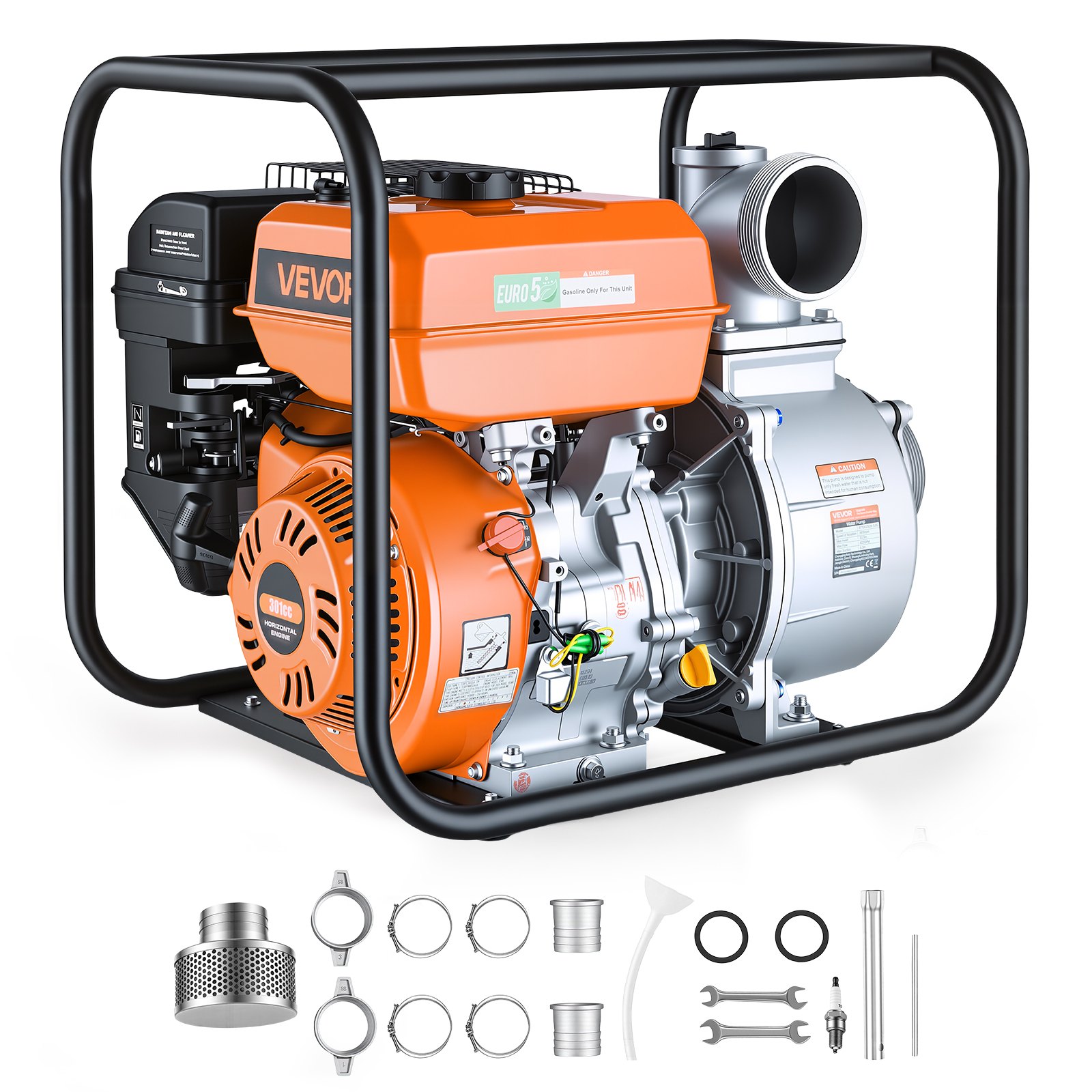 VEVOR Bomba de Agua a Gasolina 101,6 mm, 422 GPM, 8,3 HP, Motobomba de Agua a Gasolina, Altura de Succión de 9,3 m, Elevación Máxima de 33,5 m, con Manguera de Descarga, para Riego, Estanques