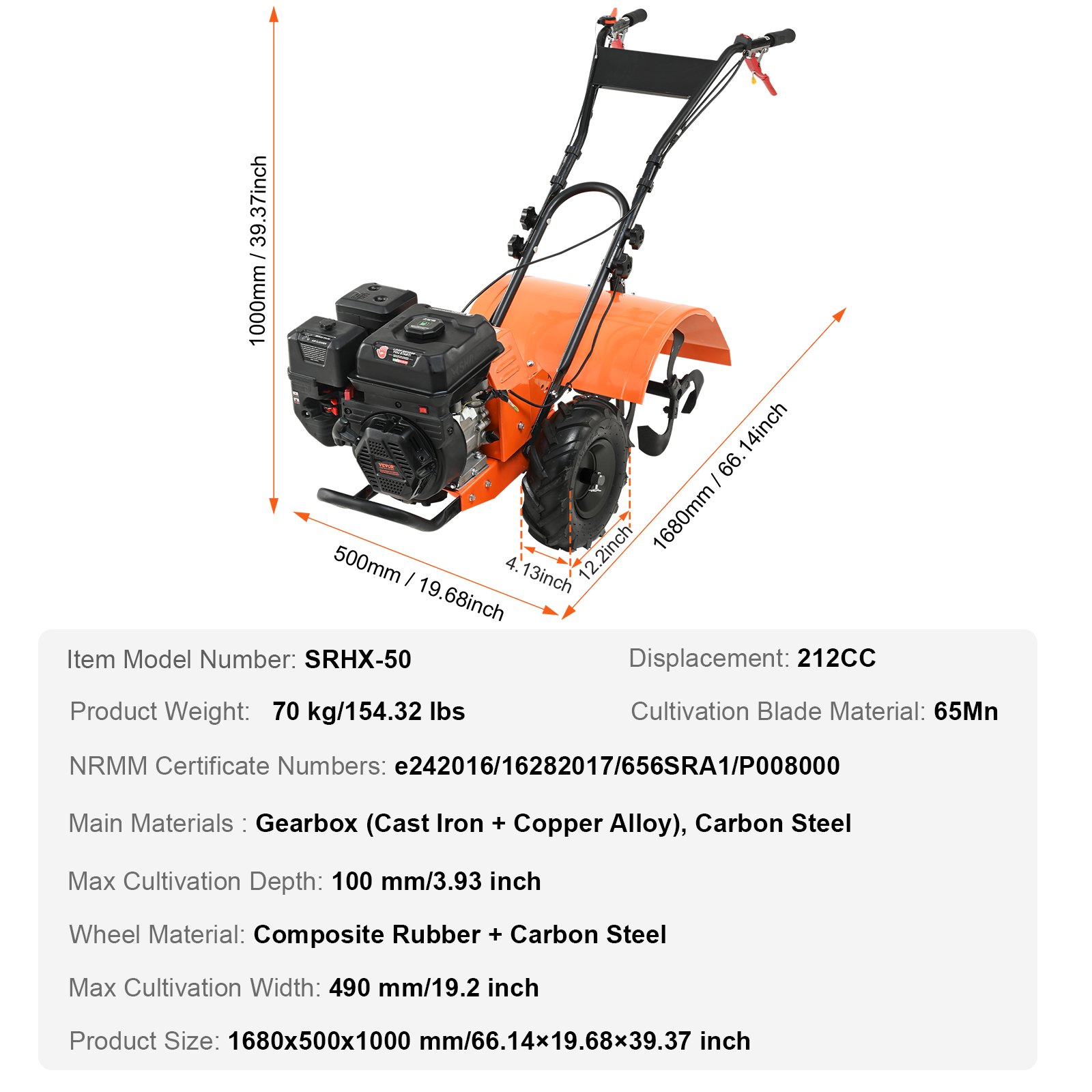 VEVOR Garden Tiller 212CC Displacement Gas Powered Rotary Tiller 490mm Working Width 100mm Cultivation Depth 65Mn Cultivation Blade 1680x500x1000mm Cultivator