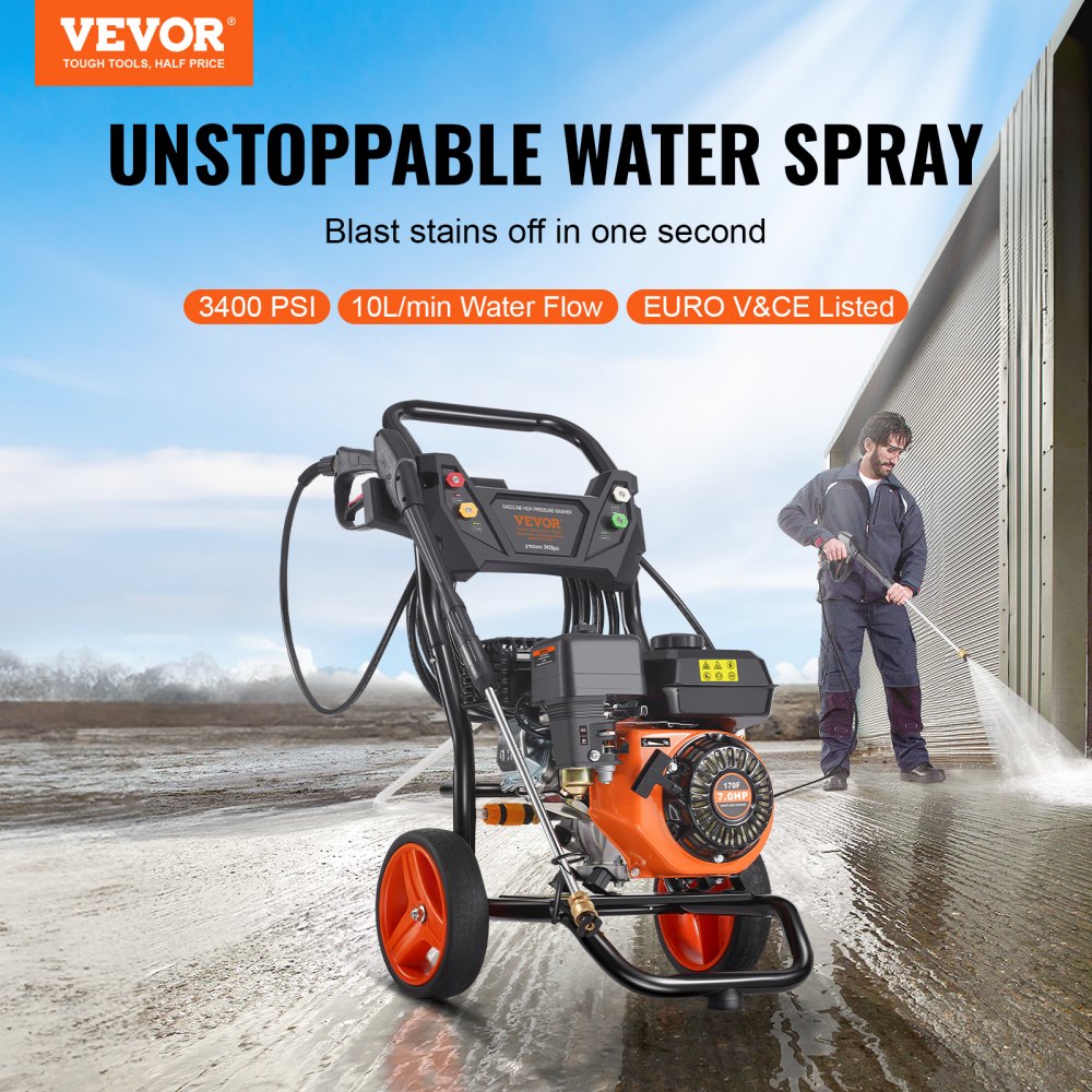 VEVOR Lavadora de Alta Presión a Gas Vertical 3400 PSI 2,6 GPM Limpiador de Alta Presión 10 L/min con Bomba de Aluminio, Pistola Rociadora, Varilla de Extensión, 5 Boquillas para Casas, Vehículos