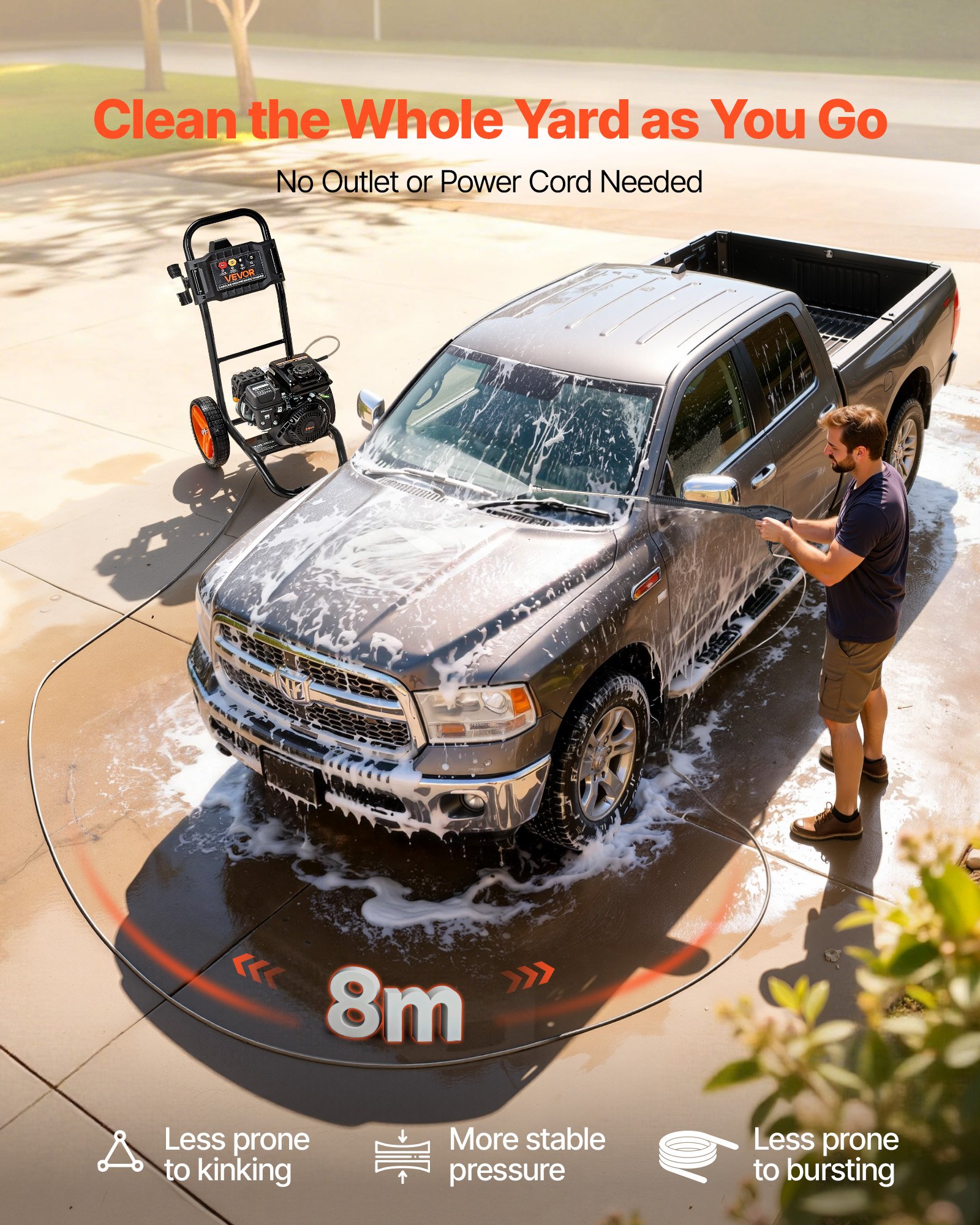 VEVOR Hidrolimpiadora de Alta Presión 2900 PSI 7 L/min Lavadora de Gasolina de Alta Presión con Bomba de Aluminio, Manguera de 7,9 m, 4 Boquillas, Ruedas para Coches Azulejos Entradas Ventanas Paredes