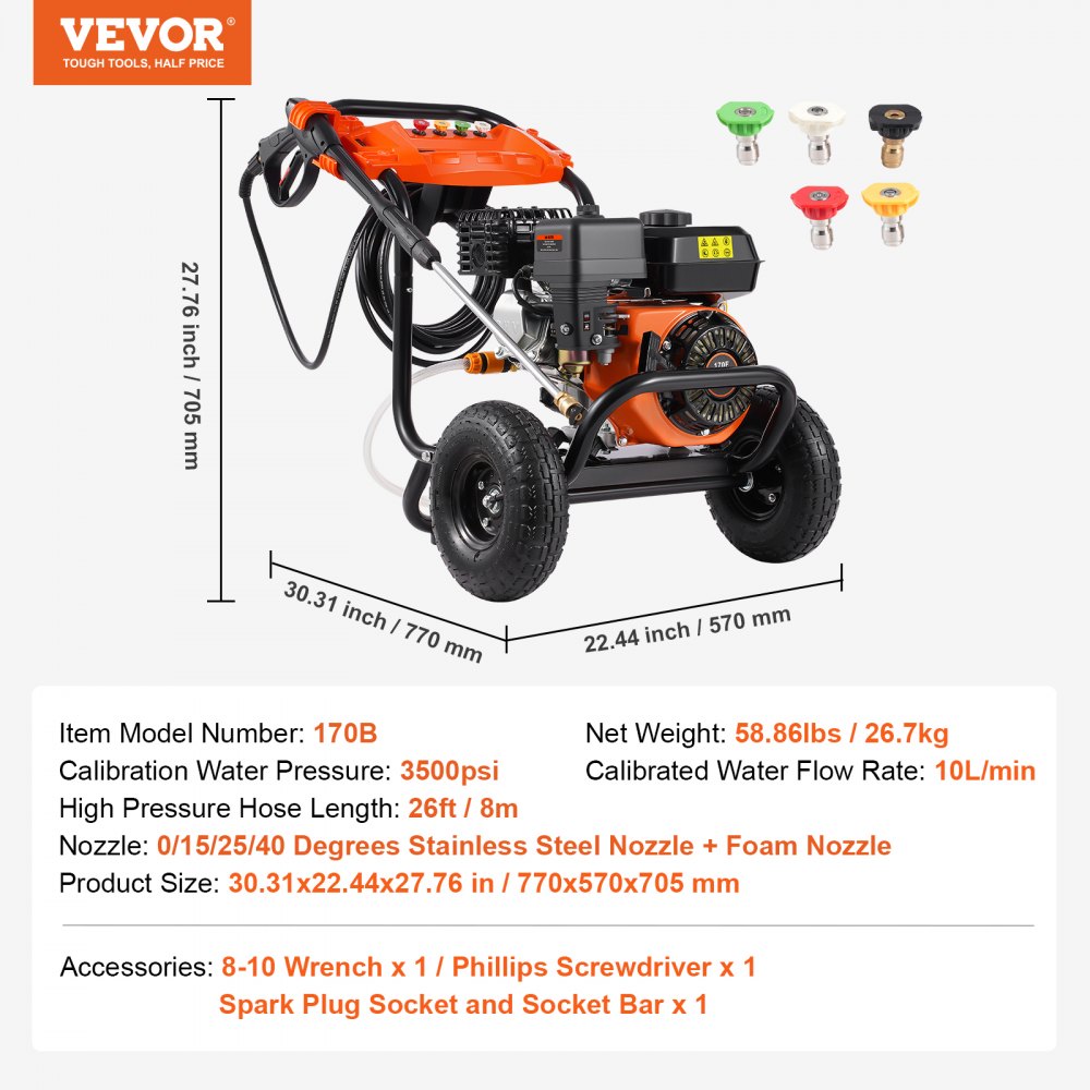 VEVOR Lavadora de Alta Presión a Gas 3500 PSI 2,6 GPM Limpiador de Alta Presión 10 L/min con Bomba de Aluminio, Pistola Rociadora, Varilla de Extensión, 5 Boquillas para Casas, Vehículos, Patios
