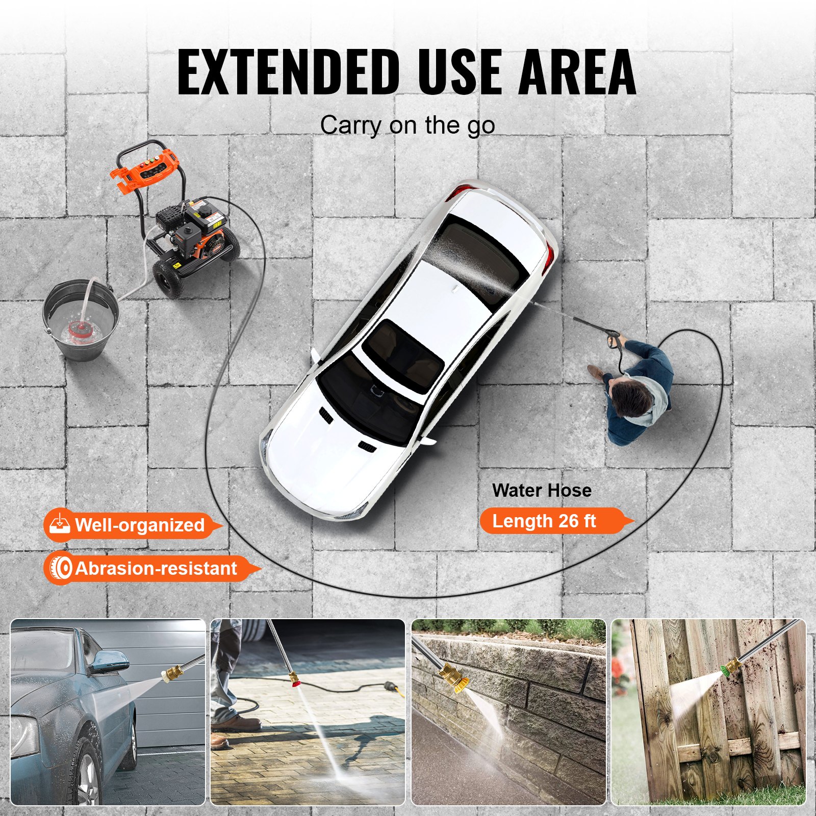 VEVOR Petrol Pressure Washer, 3500 PSI 10 L/min, 2.6 GPM Patio Cleaner with Aluminum Pump, High Pressure Gun & Extension Wand, 5 Nozzle Set, for Cars, Fences, Houses, Driveways, Patios