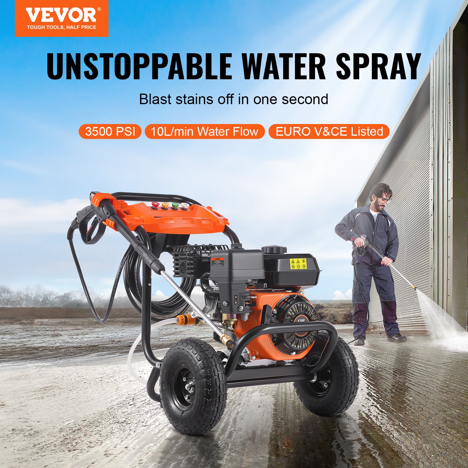 VEVOR Lavadora de Alta Presión a Gas 3500 PSI 2,6 GPM Limpiador de Alta Presión 10 L/min con Bomba de Aluminio, Pistola Rociadora, Varilla de Extensión, 5 Boquillas para Casas, Vehículos, Patios