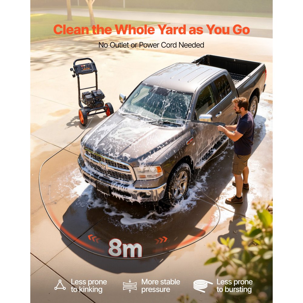 VEVOR Hidrolimpiadora de Alta Presión 2900 PSI 7 L/min, Lavadora de Gasolina de Alta Presión de Perfil Bajo con Bomba de Aluminio, Manguera de 7,9 m, 4 Boquillas, Ruedas para Coches Ventanas Paredes