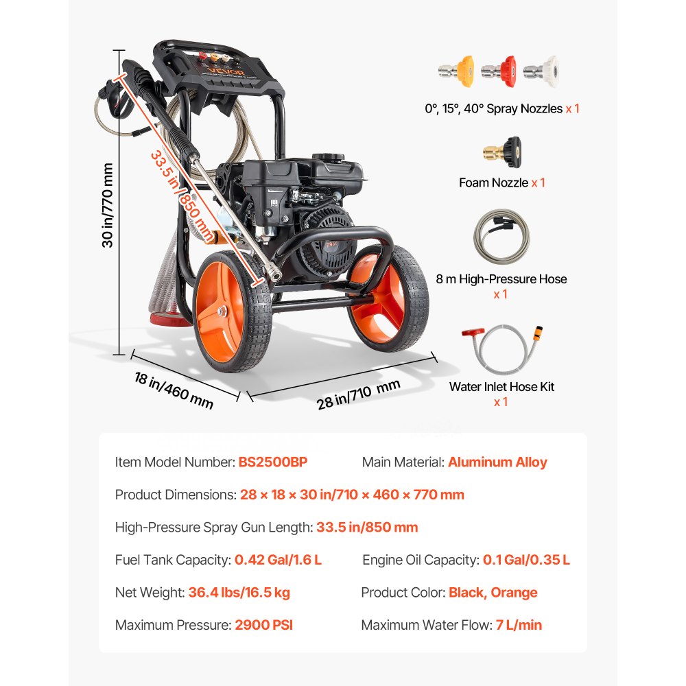 VEVOR Hidrolimpiadora de Alta Presión 2900 PSI 7 L/min, Lavadora de Gasolina de Alta Presión de Perfil Bajo con Bomba de Aluminio, Manguera de 7,9 m, 4 Boquillas, Ruedas para Coches Ventanas Paredes