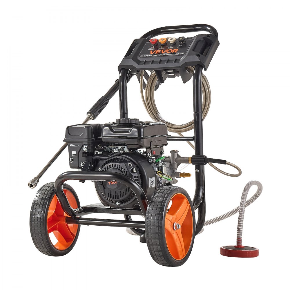 VEVOR Hidrolimpiadora de Alta Presión 2900 PSI 7 L/min, Lavadora de Gasolina de Alta Presión de Perfil Bajo con Bomba de Aluminio, Manguera de 7,9 m, 4 Boquillas, Ruedas para Coches Ventanas Paredes