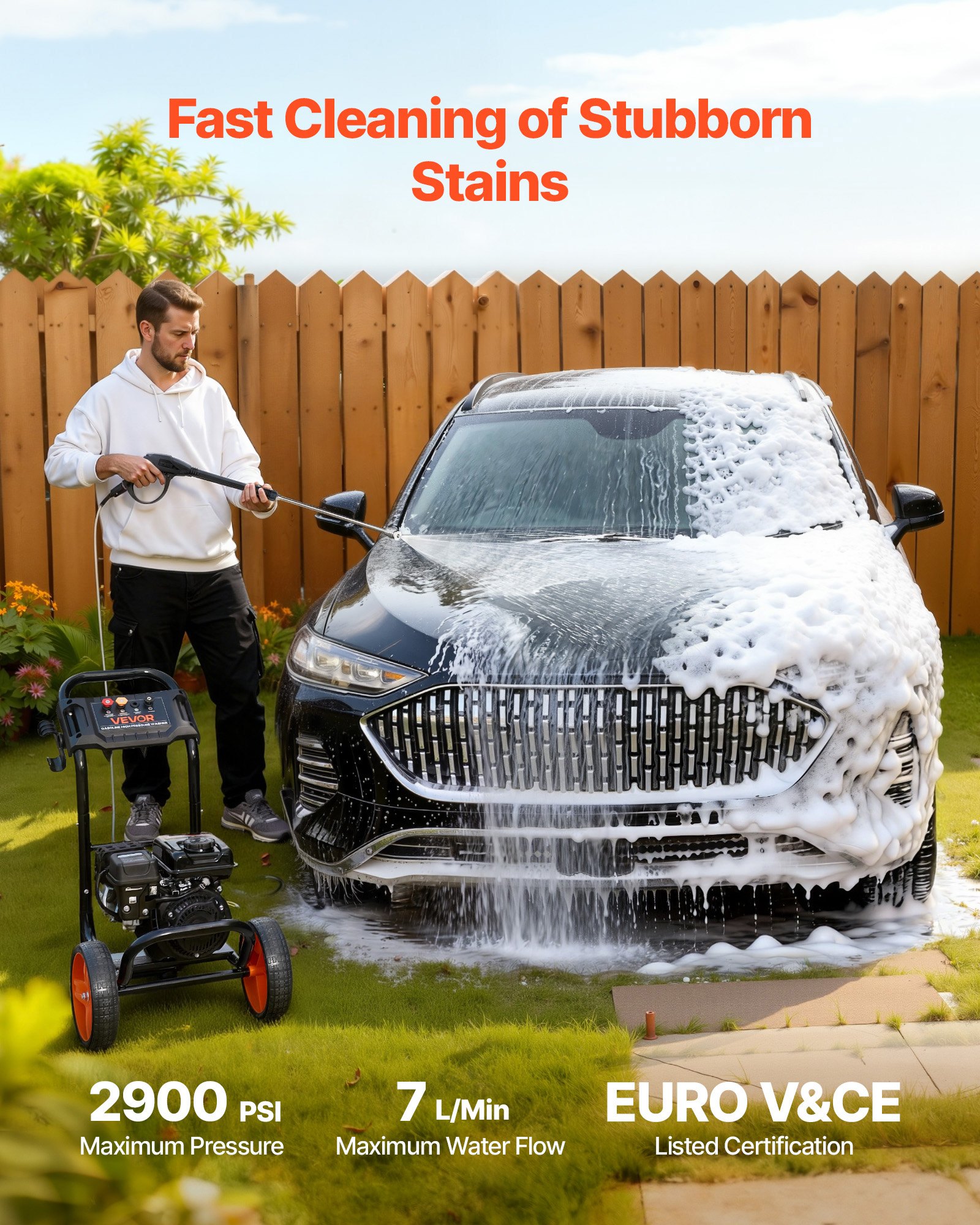VEVOR Hidrolimpiadora de Alta Presión 2900 PSI 7 L/min, Lavadora de Gasolina de Alta Presión de Perfil Bajo con Bomba de Aluminio, Manguera de 7,9 m, 4 Boquillas, Ruedas para Coches Ventanas Paredes