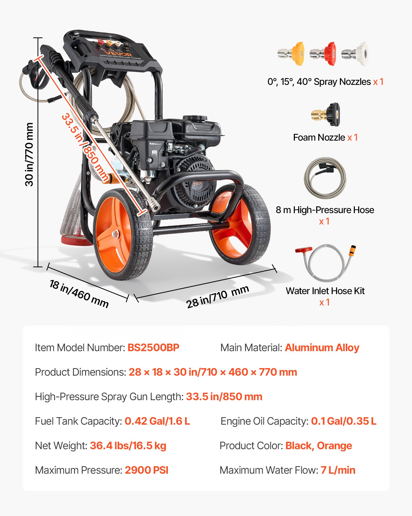 VEVOR Hidrolimpiadora de Alta Presión 2900 PSI 7 L/min, Lavadora de Gasolina de Alta Presión de Perfil Bajo con Bomba de Aluminio, Manguera de 7,9 m, 4 Boquillas, Ruedas para Coches Ventanas Paredes