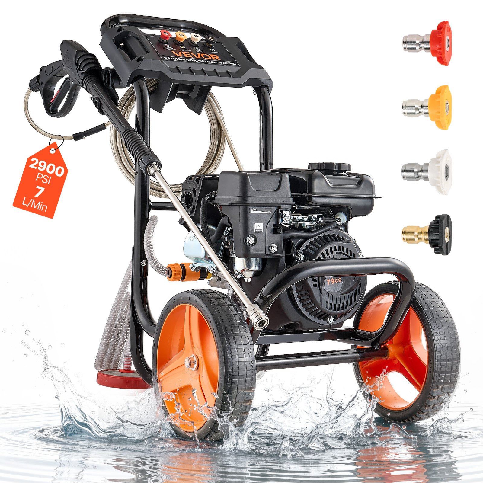 VEVOR Hidrolimpiadora de Alta Presión 2900 PSI 7 L/min, Lavadora de Gasolina de Alta Presión de Perfil Bajo con Bomba de Aluminio, Manguera de 7,9 m, 4 Boquillas, Ruedas para Coches Ventanas Paredes