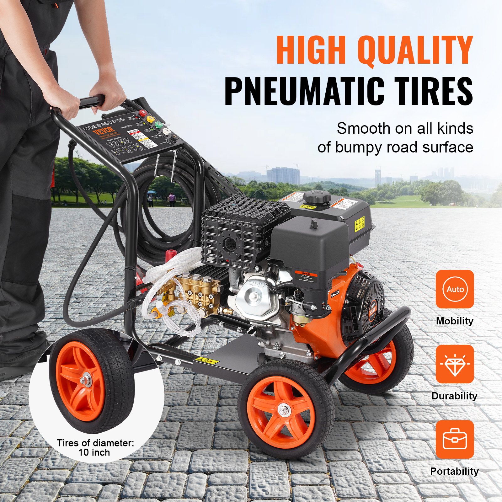 VEVOR Petrol Pressure Washer, 4400 PSI 15 L/min, 2.6 GPM Patio Cleaner with Copper Pump, High Pressure Gun & Extension Wand, 5 Nozzle Set, for Cars, Fences, Houses, Driveways, Patios, Furniture
