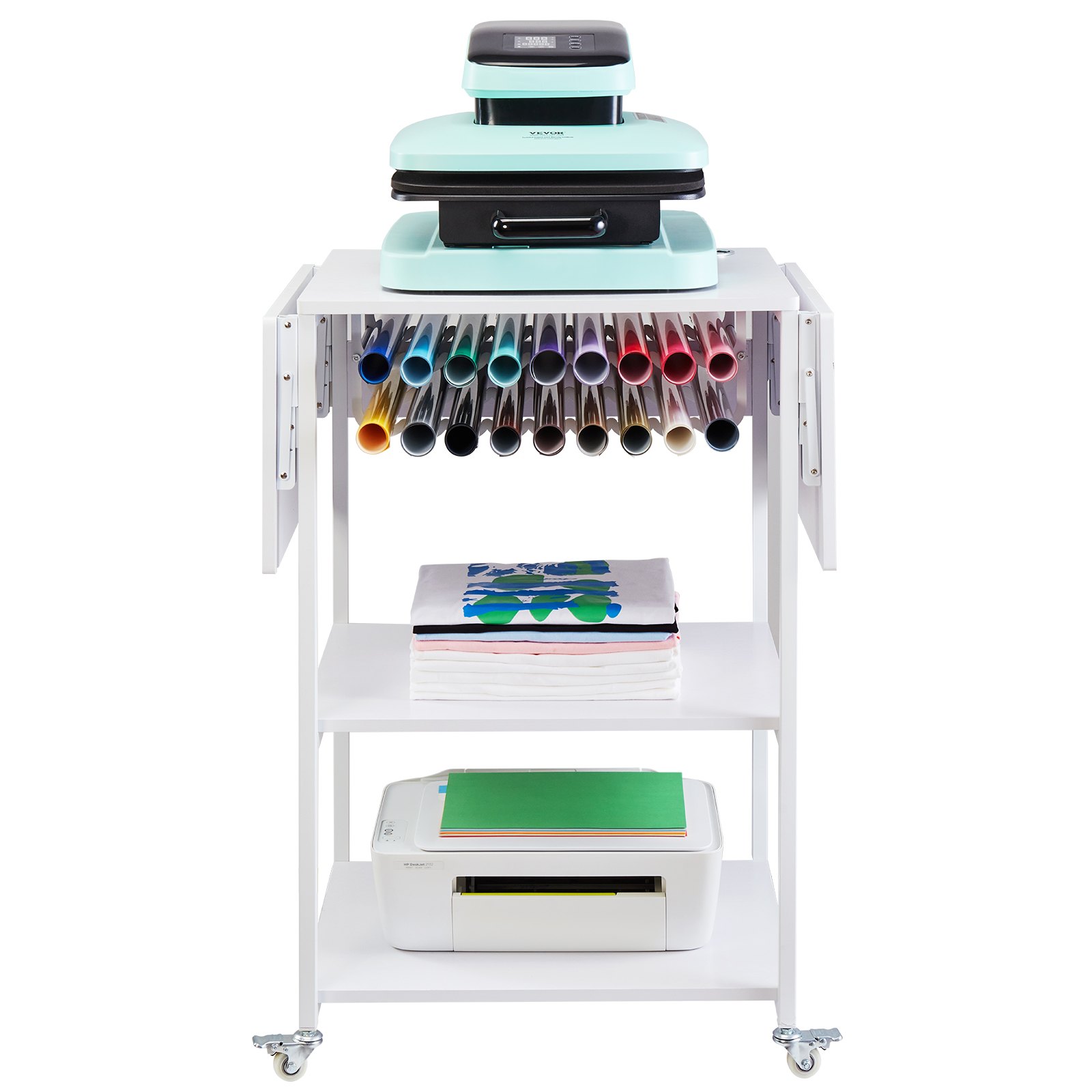 VEVOR Mesa de Prensa de Calor de 3 niveles, Soporte de Máquina de Transferencia de Calor Plegable con Ruedas y Soporte para Rollo de Vinilo, Banco de Trabajo de Metal Rodante, Color Blanco