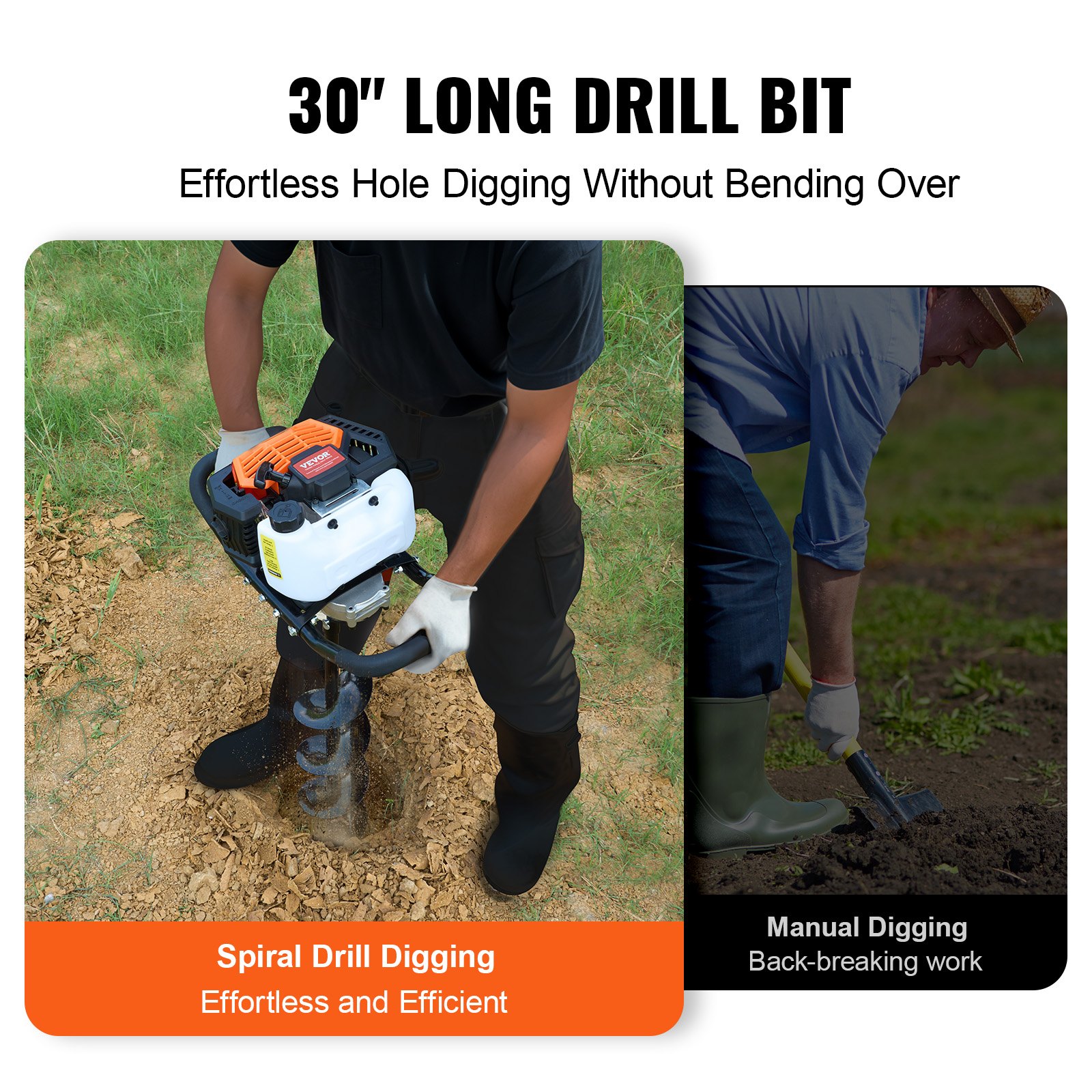 VEVOR 1450 W Perforadora de Postes a Gasolina de 52 cc Excavadora de Postes a Gas con Brocas de 150 y 250 mm y 3 Varillas de Extensión para Postes de Cercas Y Plantas de Jardín, Naranja y Negro