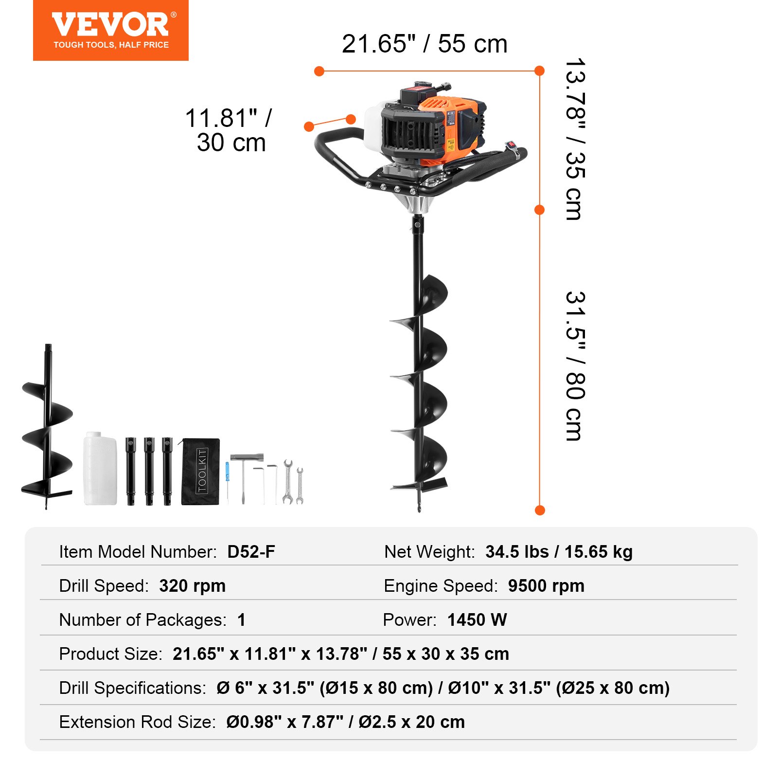 VEVOR 1450 W Perforadora de Postes a Gasolina de 52 cc Excavadora de Postes a Gas con Brocas de 150 y 250 mm y 3 Varillas de Extensión para Postes de Cercas Y Plantas de Jardín, Naranja y Negro