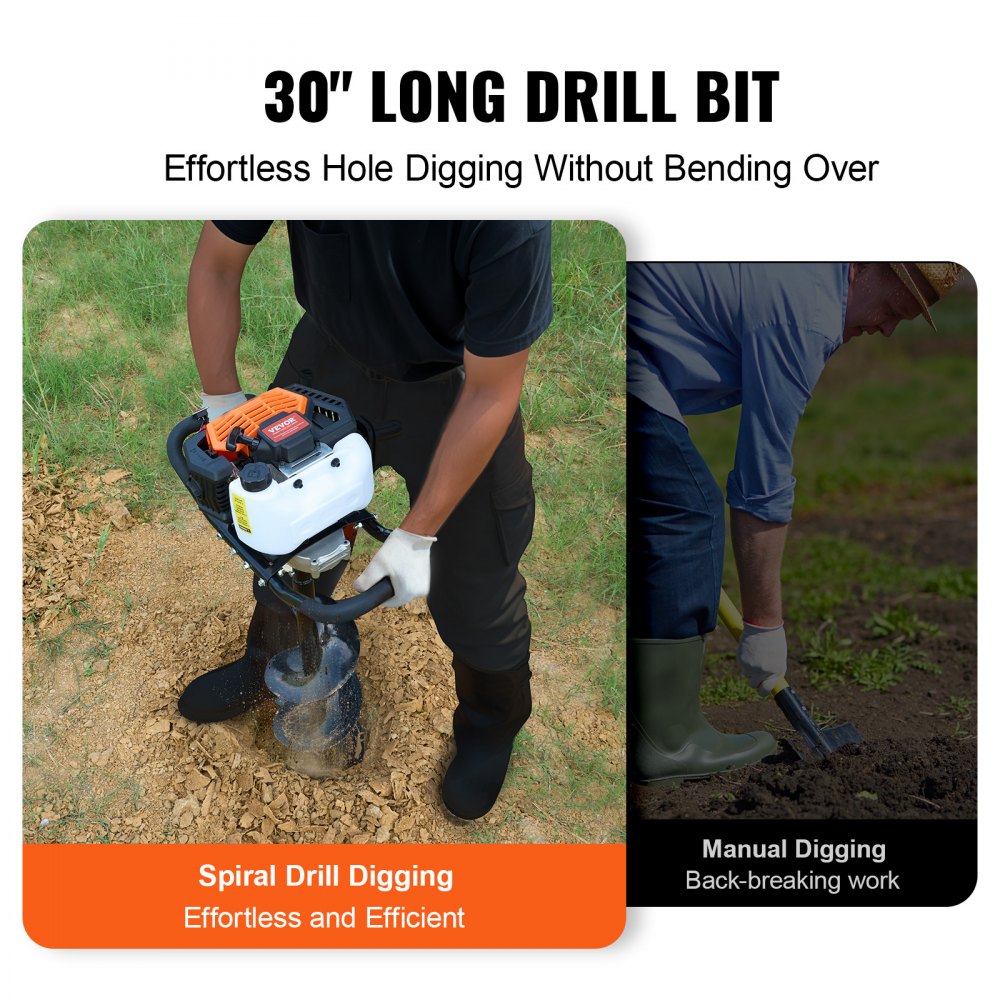 VEVOR Excavadora de Pozos a Gasolina de 43 cc y 1250 W Barrena para Postes a Gasolina con Brocas de  200 mm Excavadora de Pozos para Vallas de Postes, Cultivo, Jardín, Plantas, Naranja y Negro