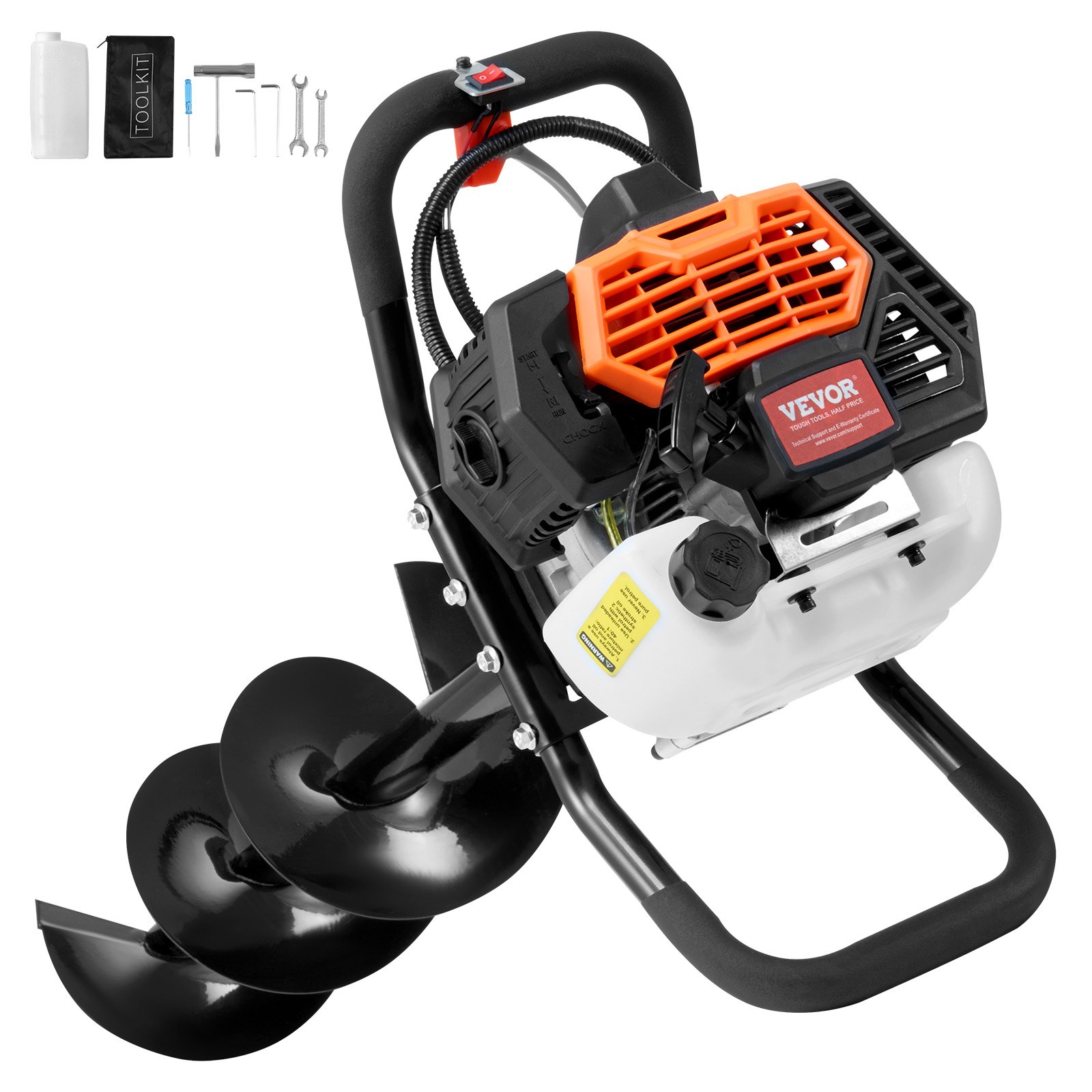 VEVOR Excavadora de Pozos a Gasolina de 43 cc y 1250 W Barrena para Postes a Gasolina con Brocas de  200 mm Excavadora de Pozos para Vallas de Postes, Cultivo, Jardín, Plantas, Naranja y Negro