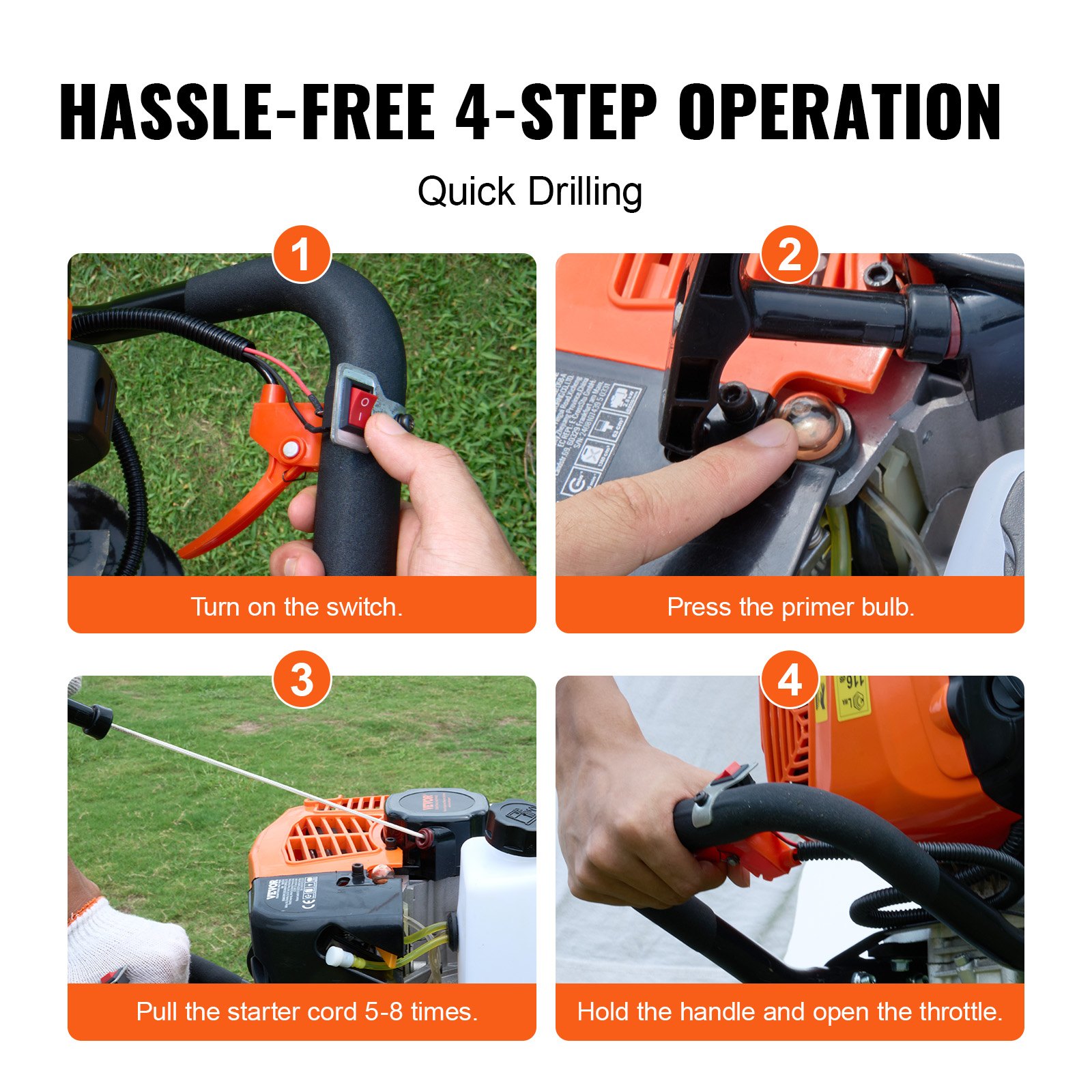 VEVOR Excavadora de Pozos a Gasolina de 63 cc y 2400 W Barrena para Postes a Gasolina con Brocas de 200 mm y 1 Varilla de Extensión para Vallas de Postes, Cultivo, Jardín, Plantas, Naranja y Negro