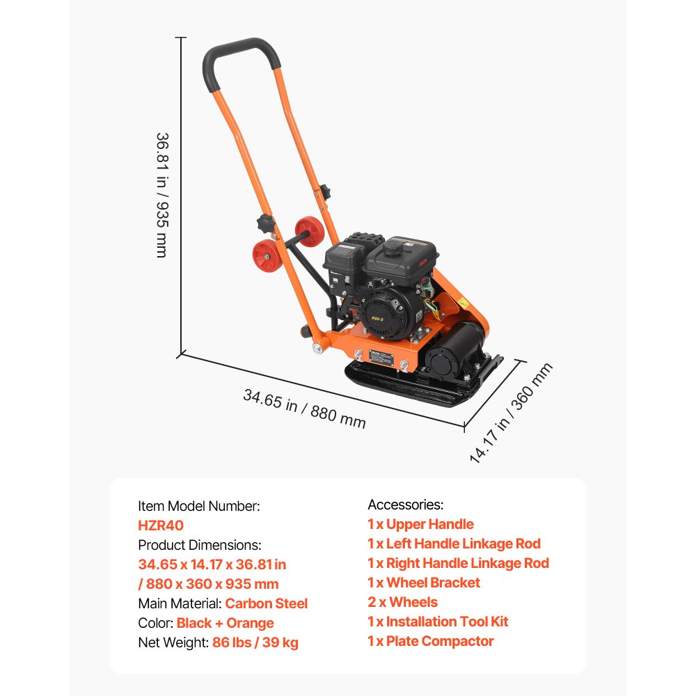 VEVOR Compactador de Tierra Motor de Gasolina de 2 HP 79 cc, Compactador Vibratorio de Placa 5250 VPM, Placa de 41x31,5 cm, Fuerza de Compactación de 8 kN para Caminos, Patios, Asfaltos, Paisajismo