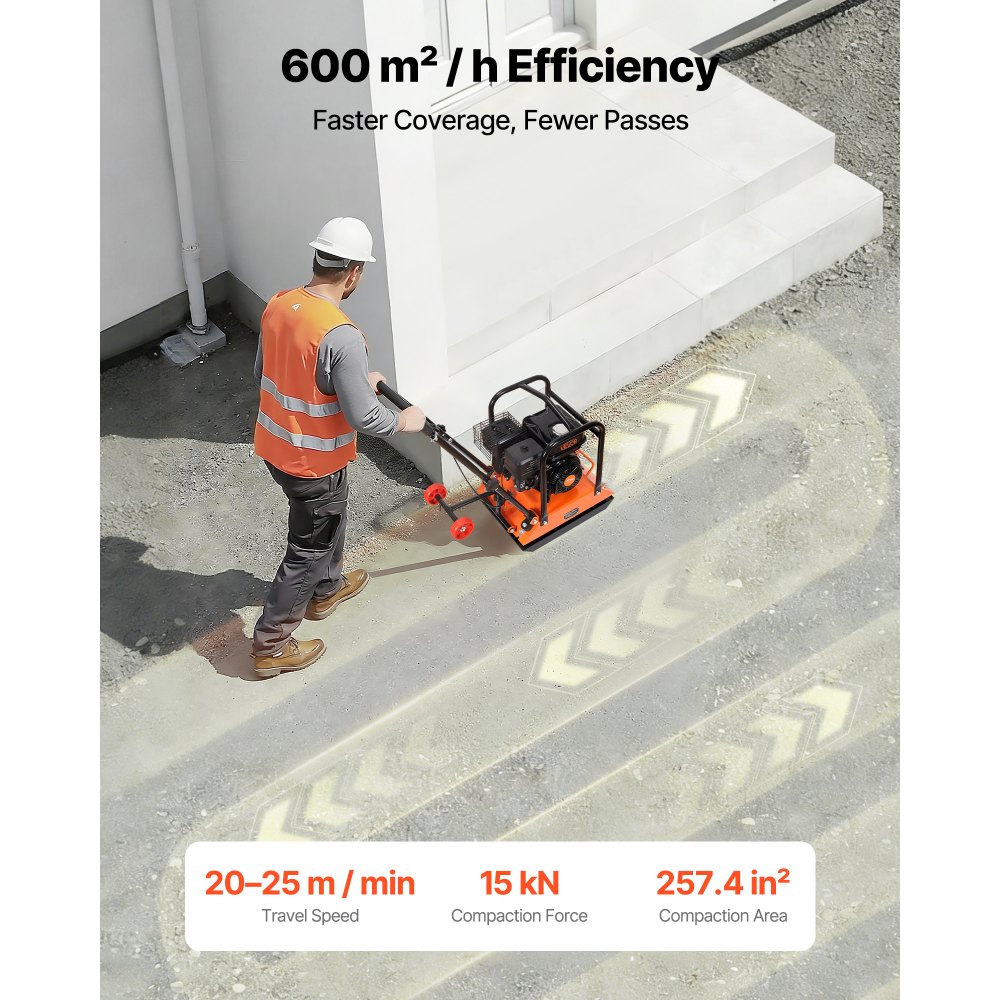 VEVOR Compactador de Tierra Motor de Gasolina de 6,5 HP y 212 cc, Compactador Vibratorio de Placa 6400 VPM, 20-25 m/min, Fuerza de Compactación de 15 kN, para Caminos, Patios, Asfaltos, Paisajismo