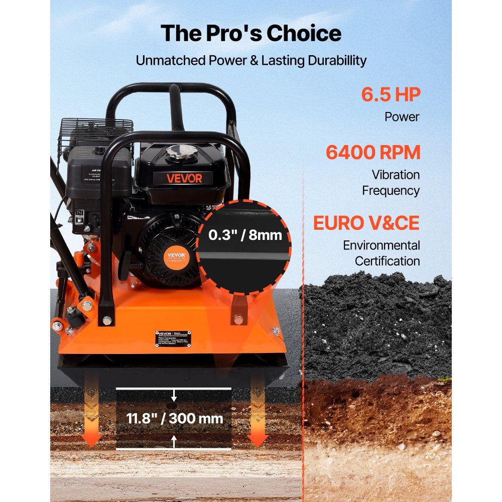 VEVOR Compactador de Tierra Motor de Gasolina de 6,5 HP y 212 cc, Compactador Vibratorio de Placa 6400 VPM, 20-25 m/min, Fuerza de Compactación de 15 kN, para Caminos, Patios, Asfaltos, Paisajismo