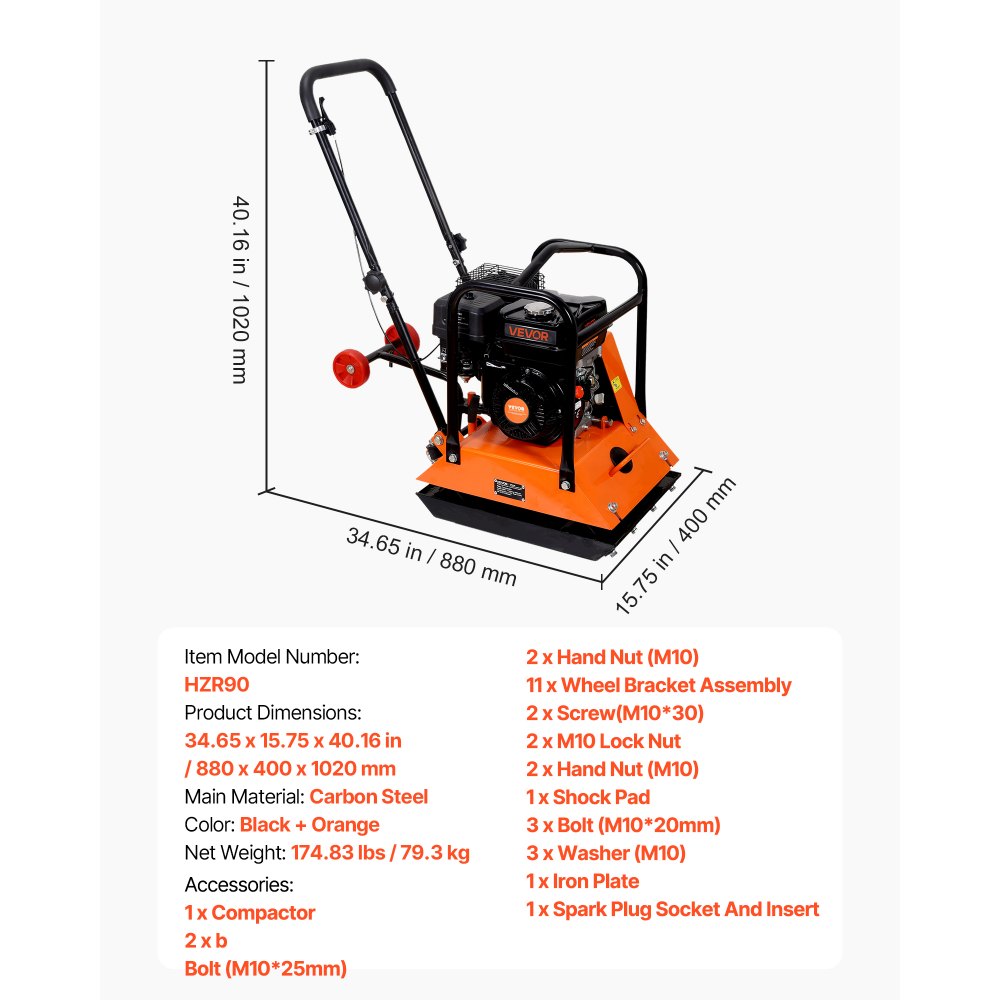 VEVOR Compactador de Tierra Motor de Gasolina de 6,5 HP y 212 cc, Compactador Vibratorio de Placa 6400 VPM, 20-25 m/min, Fuerza de Compactación de 15 kN, para Caminos, Patios, Asfaltos, Paisajismo
