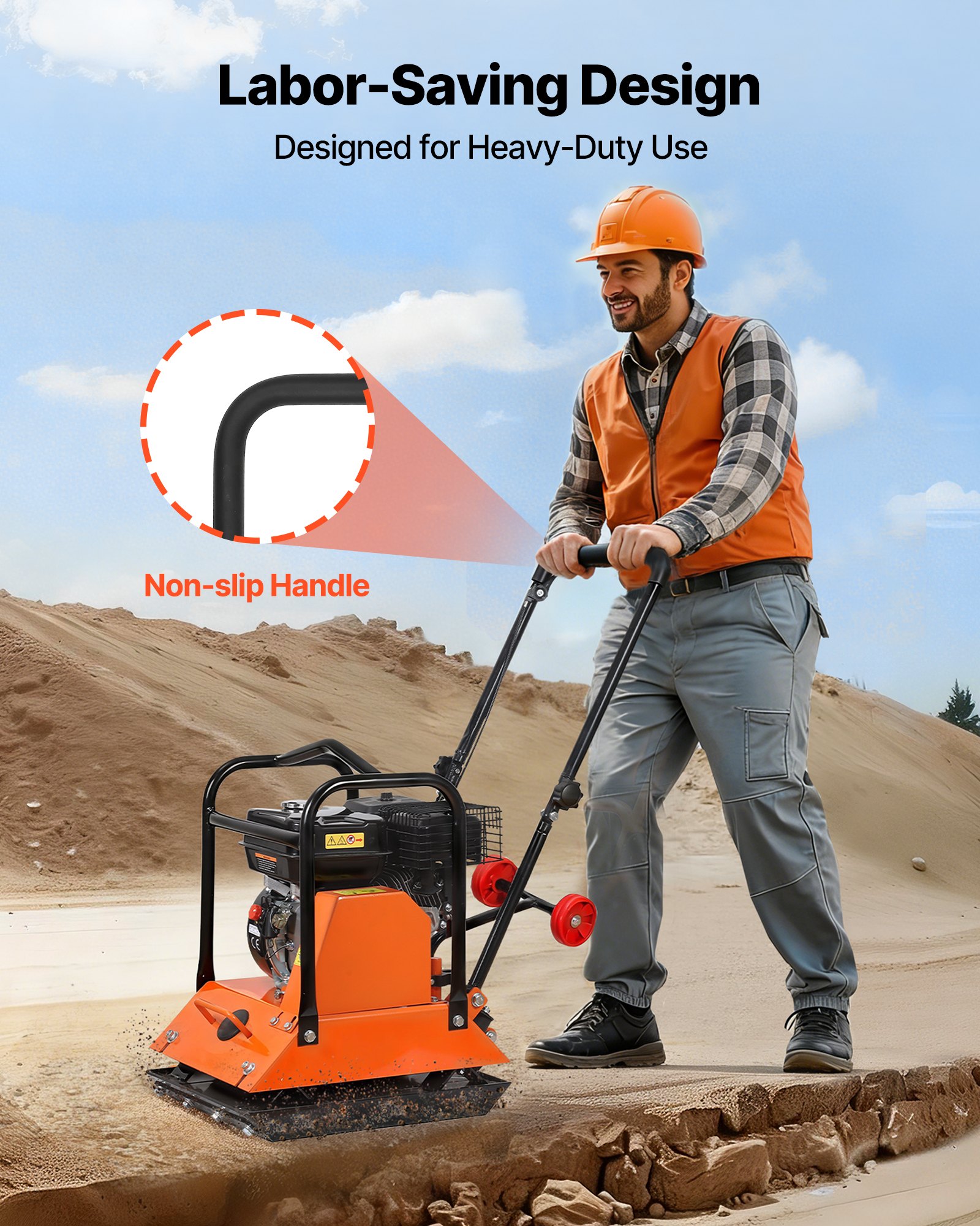 VEVOR Compactador de Tierra Motor de Gasolina de 6,5 HP y 212 cc, Compactador Vibratorio de Placa 6400 VPM, 20-25 m/min, Fuerza de Compactación de 15 kN, para Caminos, Patios, Asfaltos, Paisajismo