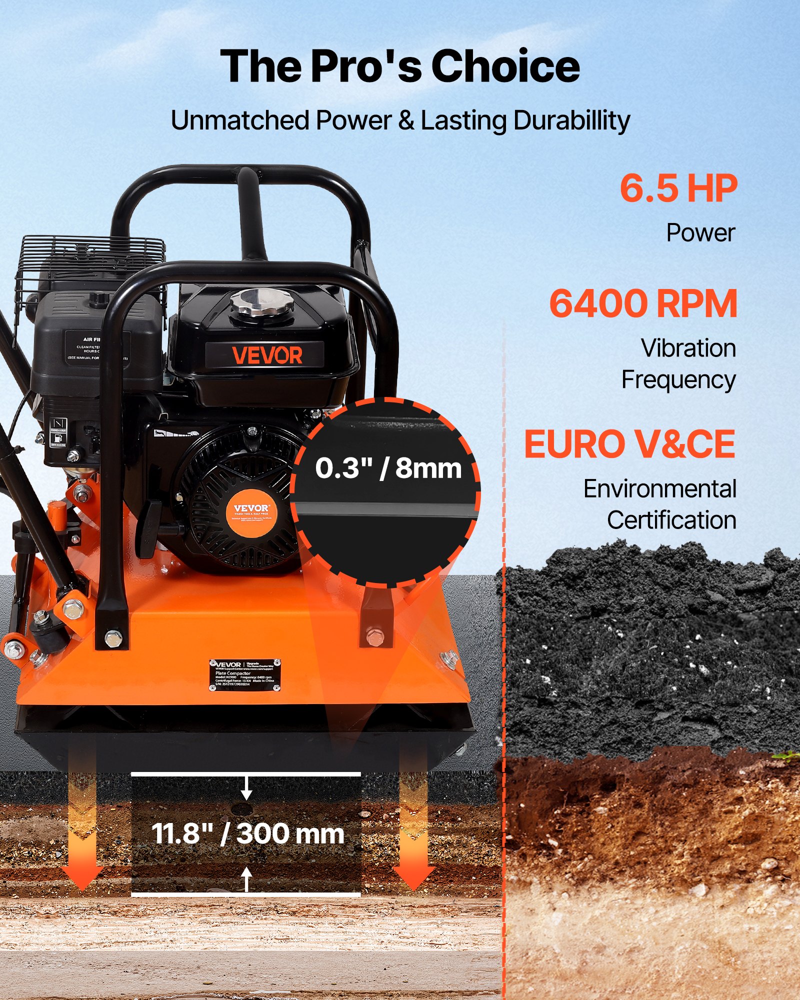 VEVOR Compactador de Tierra Motor de Gasolina de 6,5 HP y 212 cc, Compactador Vibratorio de Placa 6400 VPM, 20-25 m/min, Fuerza de Compactación de 15 kN, para Caminos, Patios, Asfaltos, Paisajismo