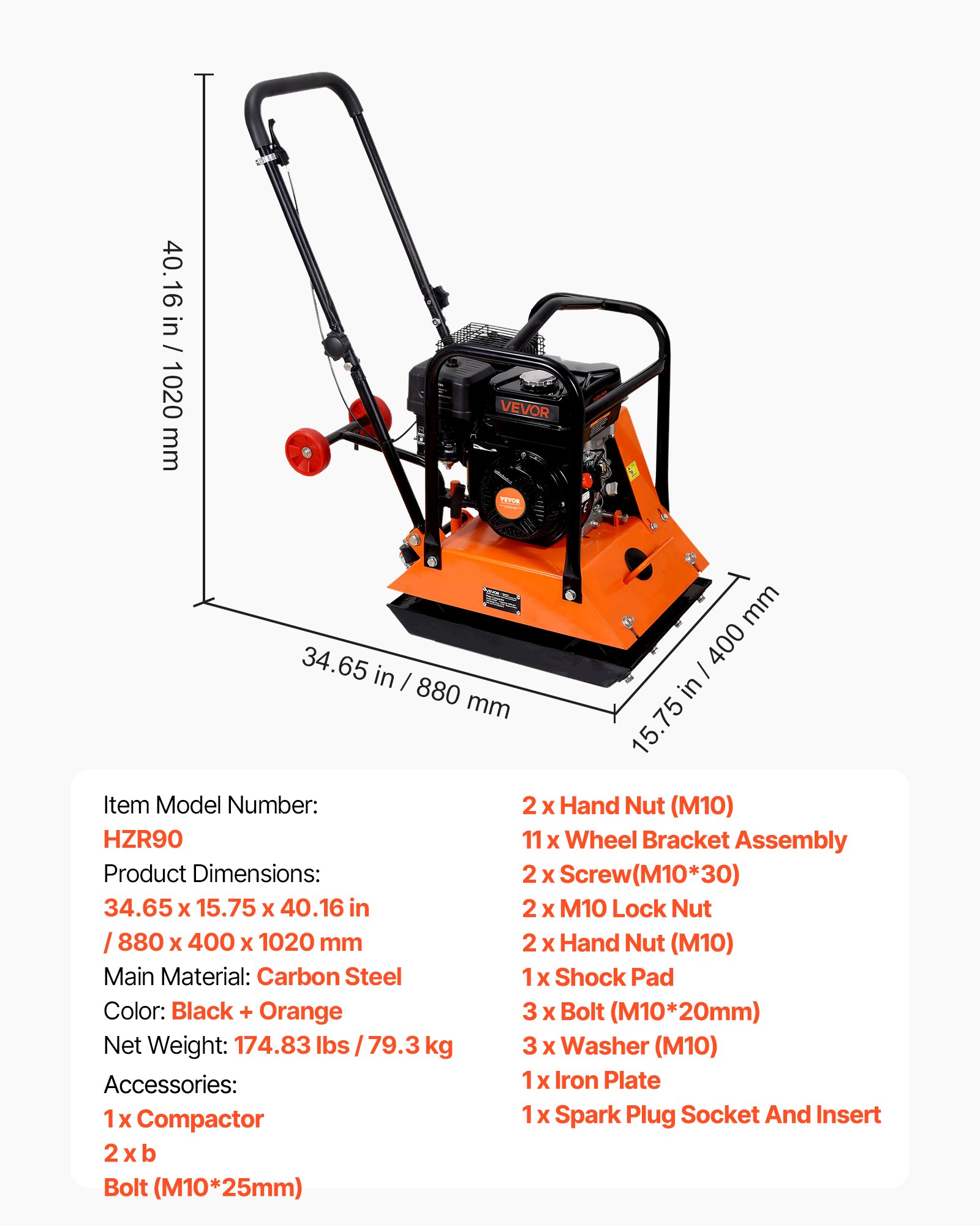 VEVOR Compactador de Tierra Motor de Gasolina de 6,5 HP y 212 cc, Compactador Vibratorio de Placa 6400 VPM, 20-25 m/min, Fuerza de Compactación de 15 kN, para Caminos, Patios, Asfaltos, Paisajismo