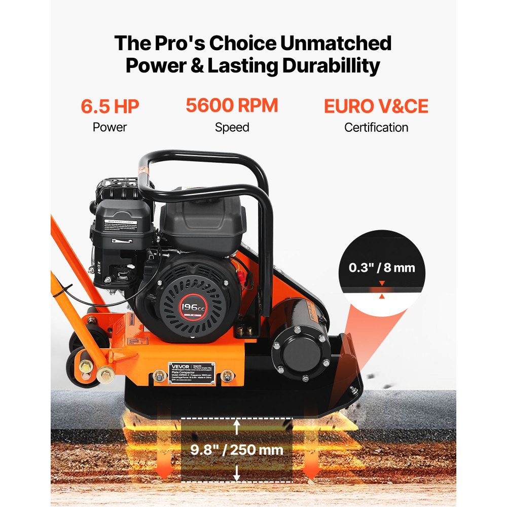 VEVOR Compactador de Tierra Motor de Gasolina de 6,5 HP y 196 cc, Compactador Vibratorio de Placa 5600 VPM, 25 m/min, Fuerza de Compactación de 10,5 kN, para Caminos, Patios, Asfaltos, Paisajismo