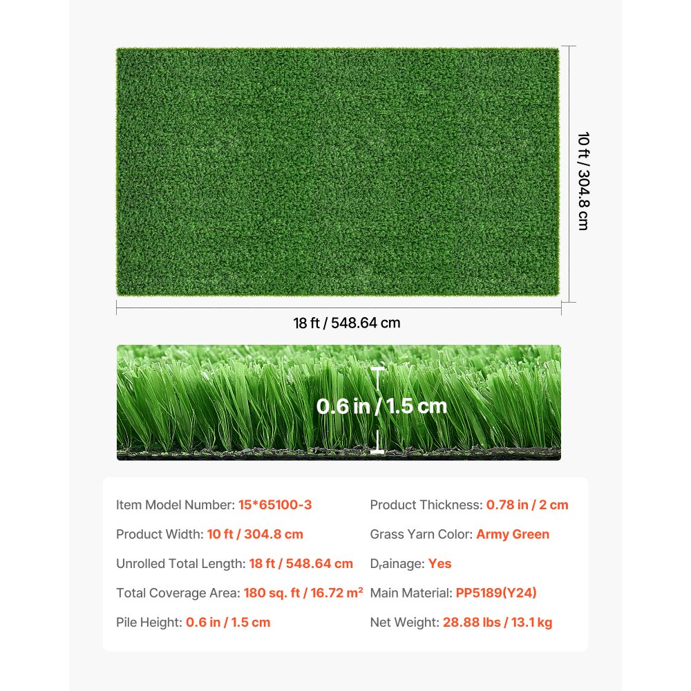 VEVOR Césped Artificial 548,64 x 304,8 cm, Rollo Césped Sintético con Altura de 1,5 cm, Alfombra de PP con Orificios de Drenaje, Aspecto Natural para Exterior Interior Terraza Jardín Balcón Patio