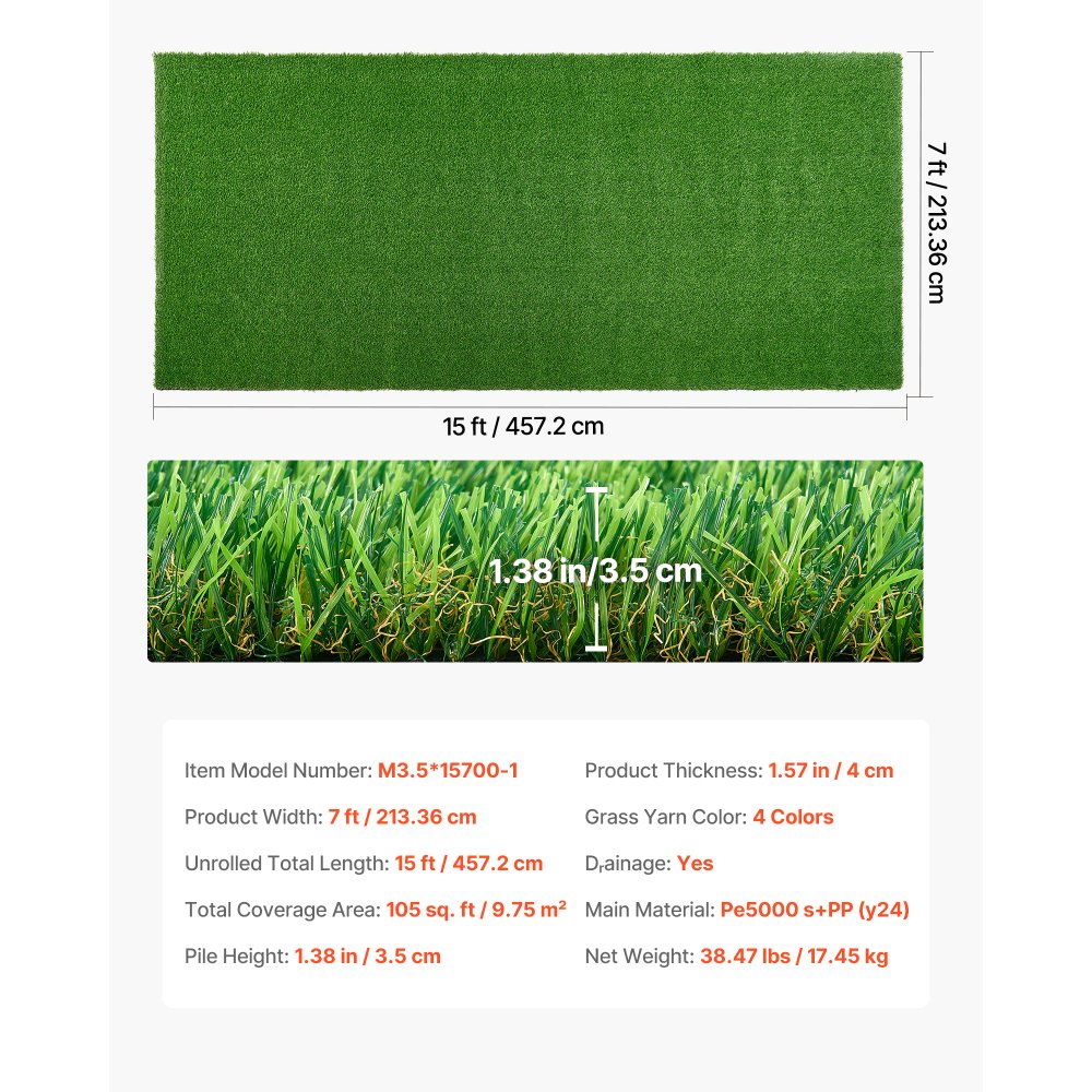 VEVOR Césped Artificial 457,2 x 213,36 cm, Rollo Césped Sintético con Altura de 3,5 cm, Alfombra de PE y PP con Orificios de Drenaje, Aspecto Natural para Balcón Patio Terraza Jardín Exterior Interior