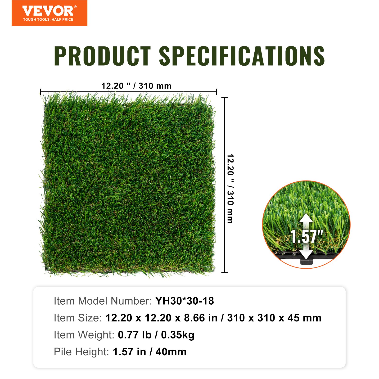 VEVOR Césped Artificial Juego de 18 Baldosas Entrelazadas para Interiores y Exteriores 31x31 cm Alfombra de Suelo Autodrenante, Hojas de Hierba 40 mm para Jardín, Parque Infantil, Decoración del Hogar