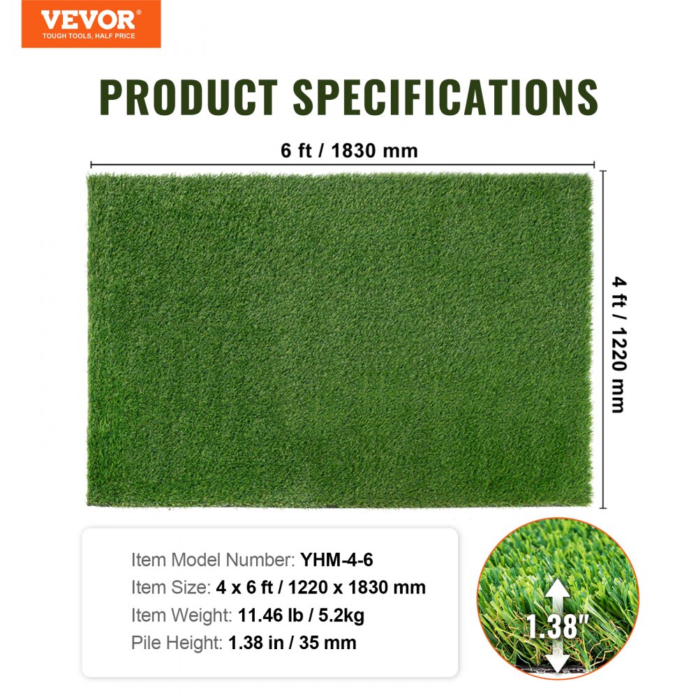 VEVOR Césped Artificial 122x183 cm Felpudo Falso de 35 mm Decoración de Césped para Patio Fácil de Limpiar con Orificios de Drenaje para Alfombras Multiusos para Entrada del Hogar Exterior Interior