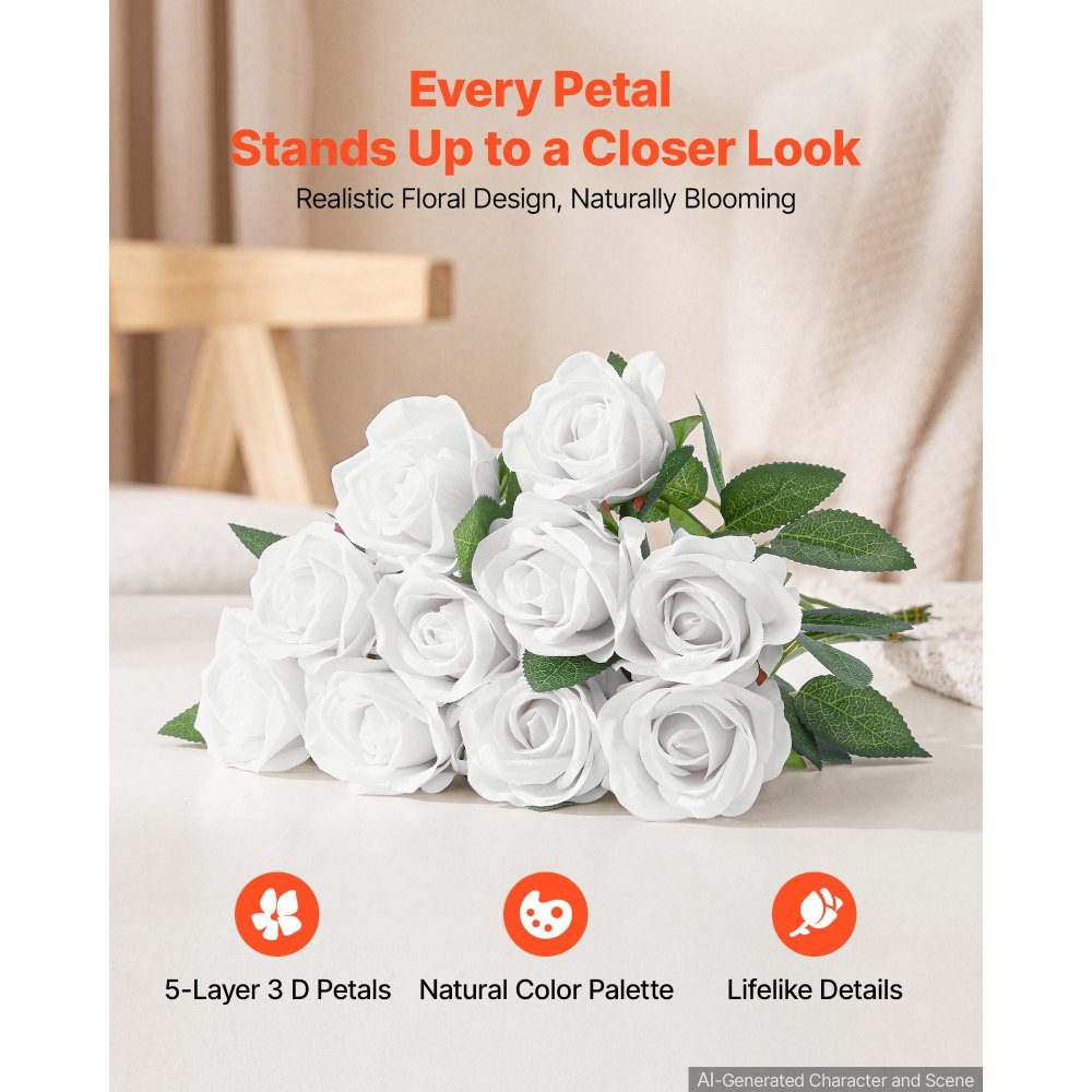 VEVOR Rosas Artificiales Juego de 500 Flores Artificiales de Seda 50,8 cm, con Pétalos 3D de 5 Capas, Tallos Flexibles Recortables y Acabado Suave para Bodas, Fiestas y Centros de Mesa, Color Blanco