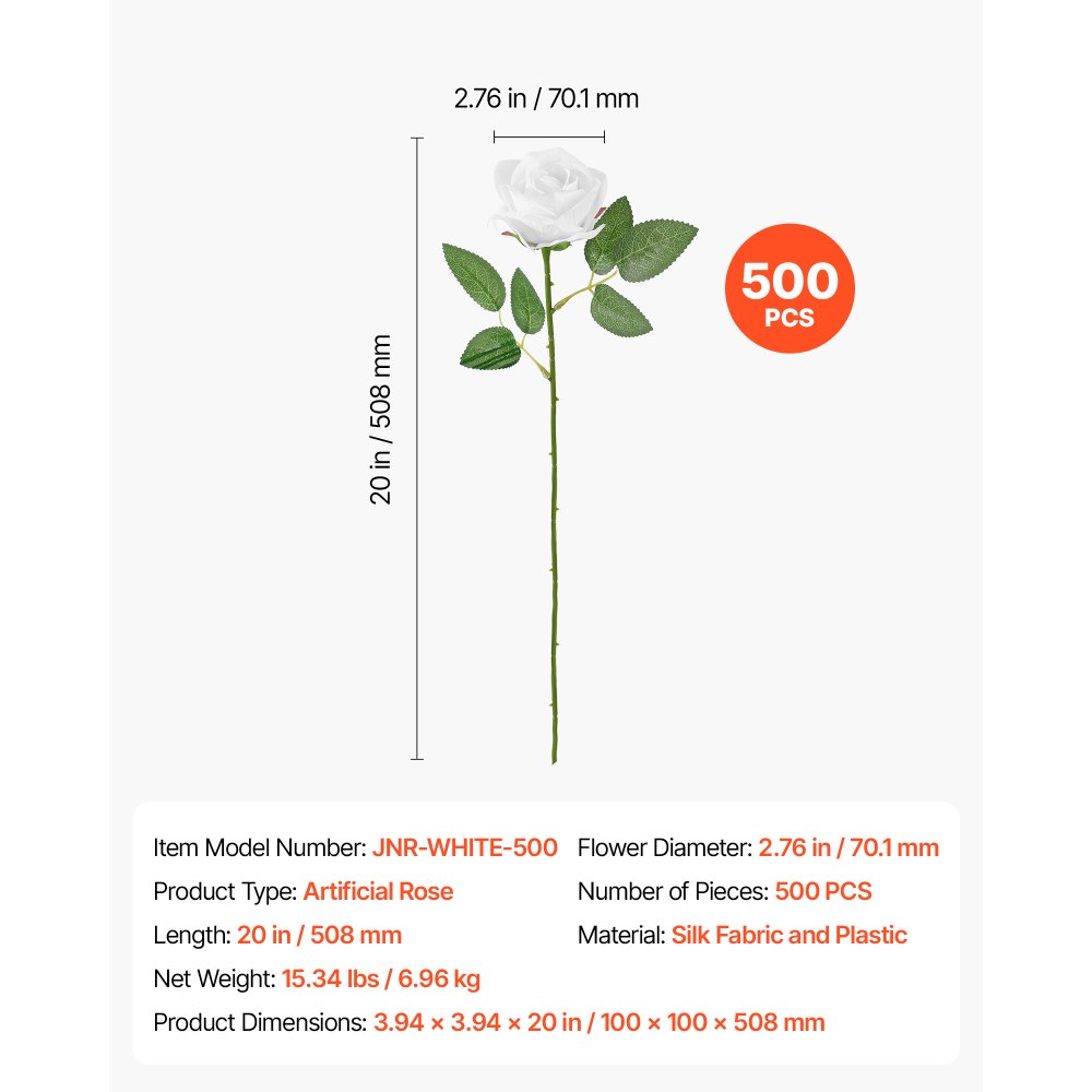 VEVOR Rosas Artificiales Juego de 500 Flores Artificiales de Seda 50,8 cm, con Pétalos 3D de 5 Capas, Tallos Flexibles Recortables y Acabado Suave para Bodas, Fiestas y Centros de Mesa, Color Blanco