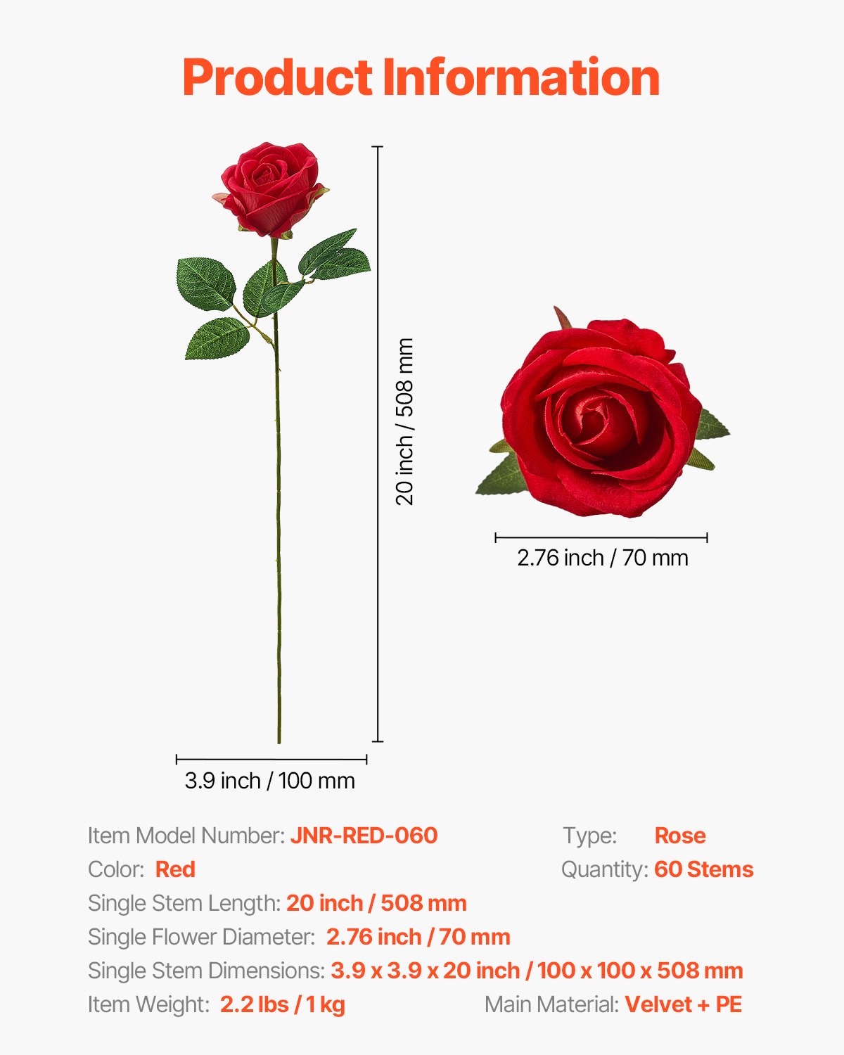 VEVOR Flores Artificiales, 60 Rosas Artificiales de Espuma Roja de Aspecto Real a Granel, Rosas Rojas Artificiales con Tallos para Ramos de Boda, Centros de Mesa y Decoración de Mesas de Fiesta